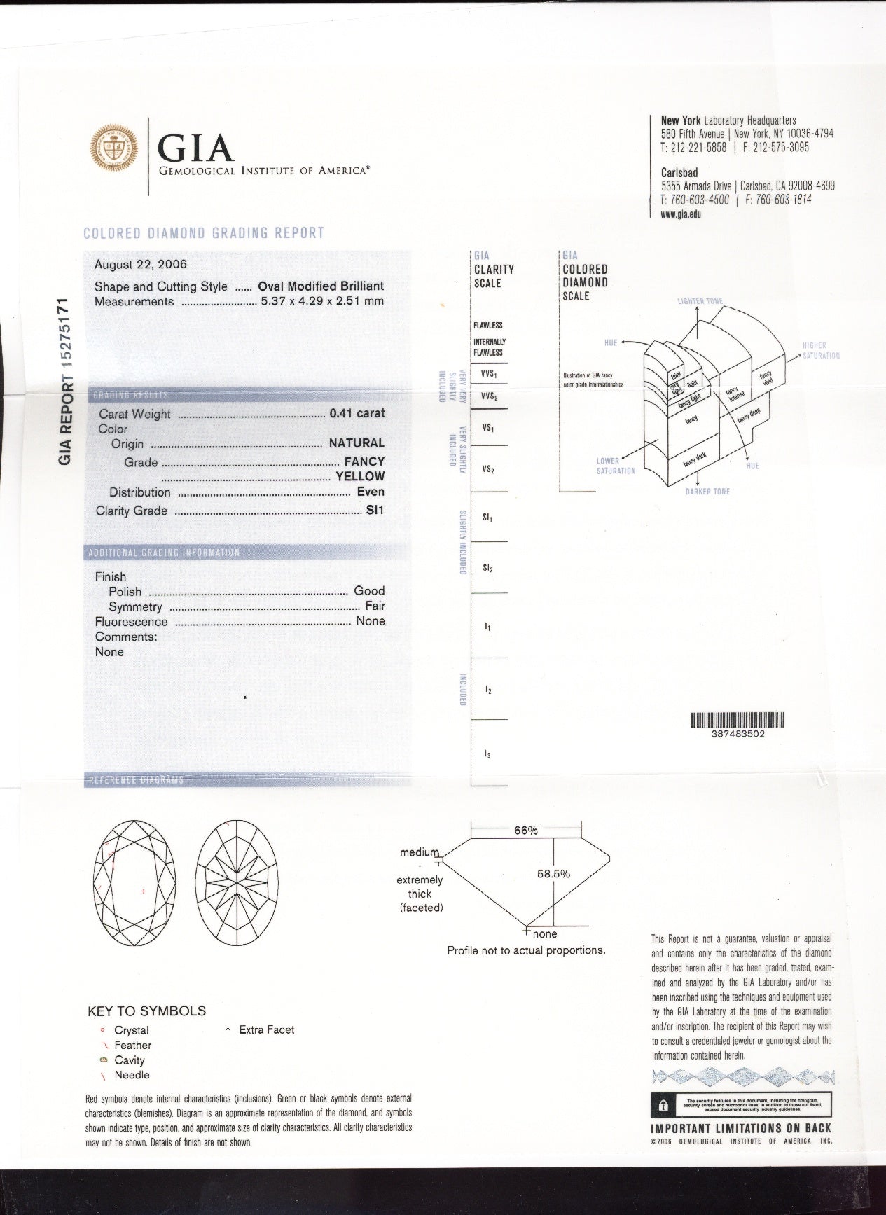 0.41ct Yellow, Oval Diamond, SI1 - 5.37 x 4.29 x 2.51mm