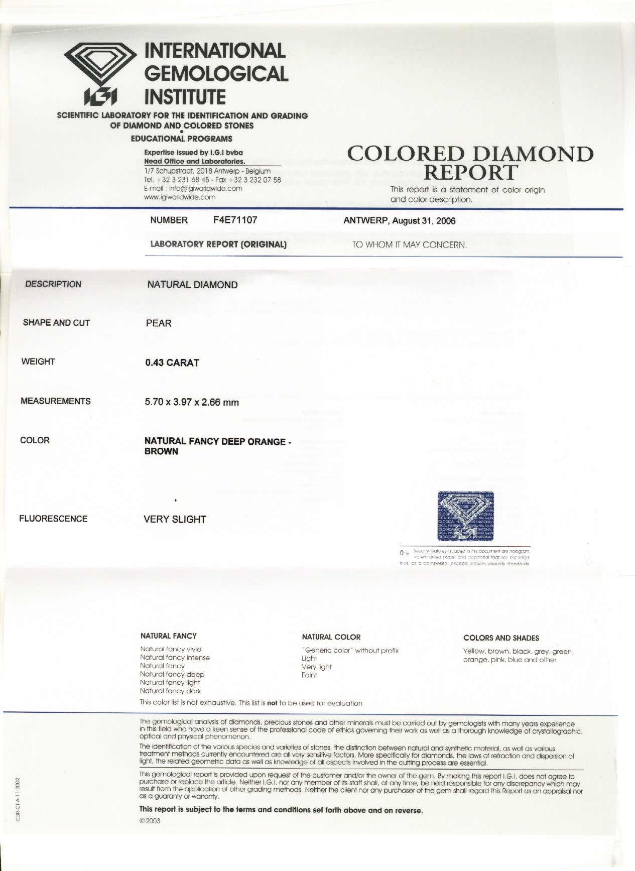 0.43ct Deep Orange-Brown, Pear Shape Diamond - 5.70 x 3.97 x 2.66mm