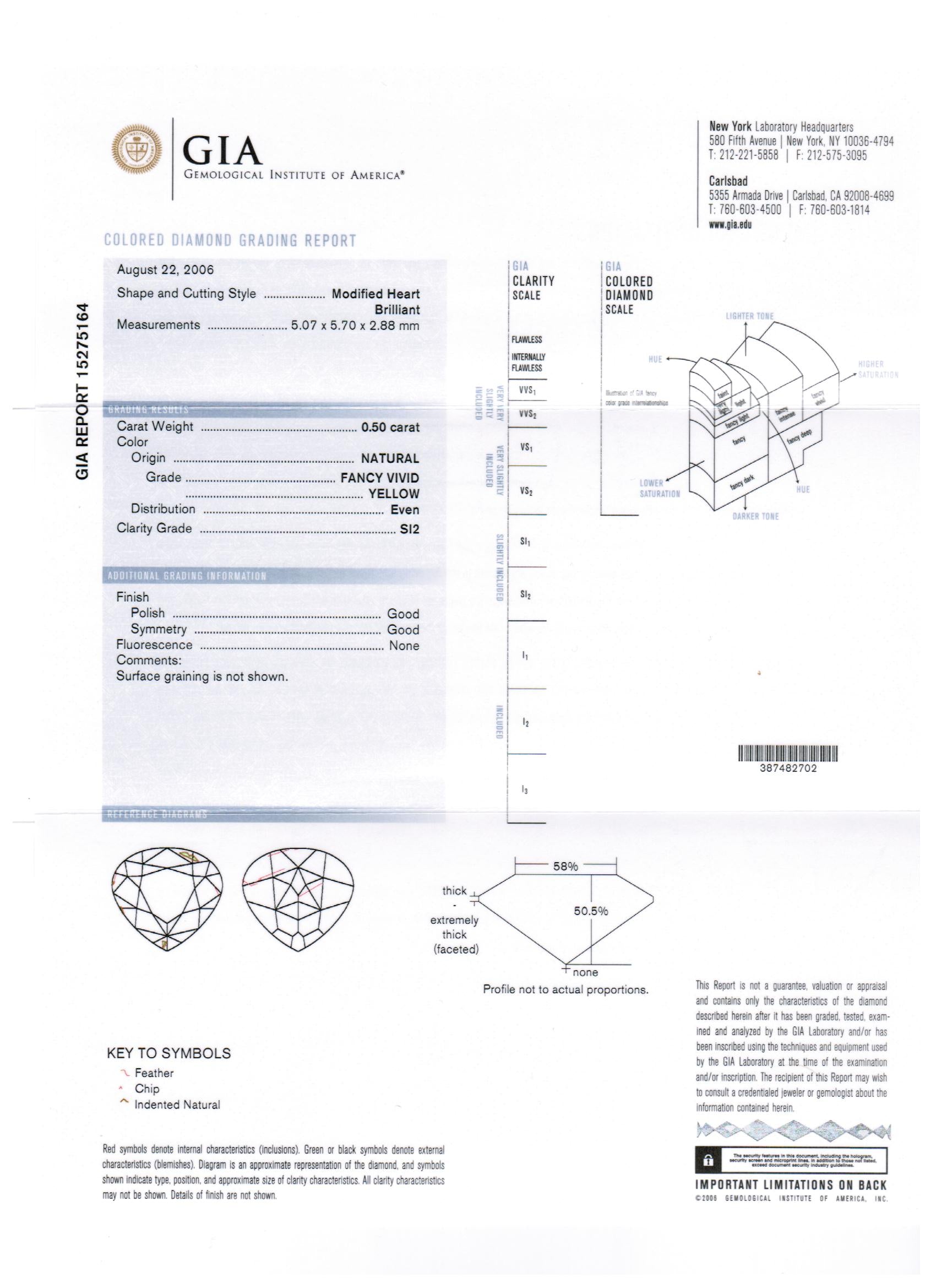0.50ct Vivid Yellow, Heart Shape Diamond, SI2 - 5.07 x 5.70 x 2.88mm