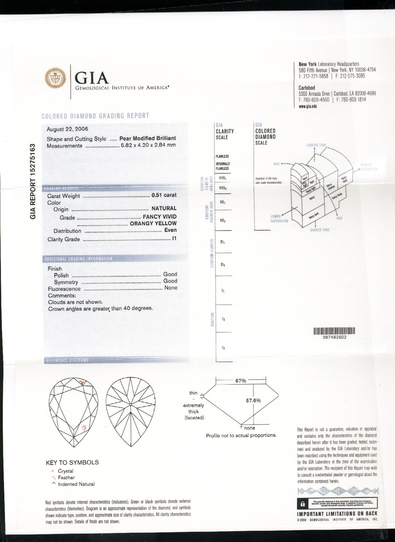 0.51ct Vivid Orangy Yellow, Pear Shape Diamond, I1 - 5.82 x 4.20 x 2.84mm