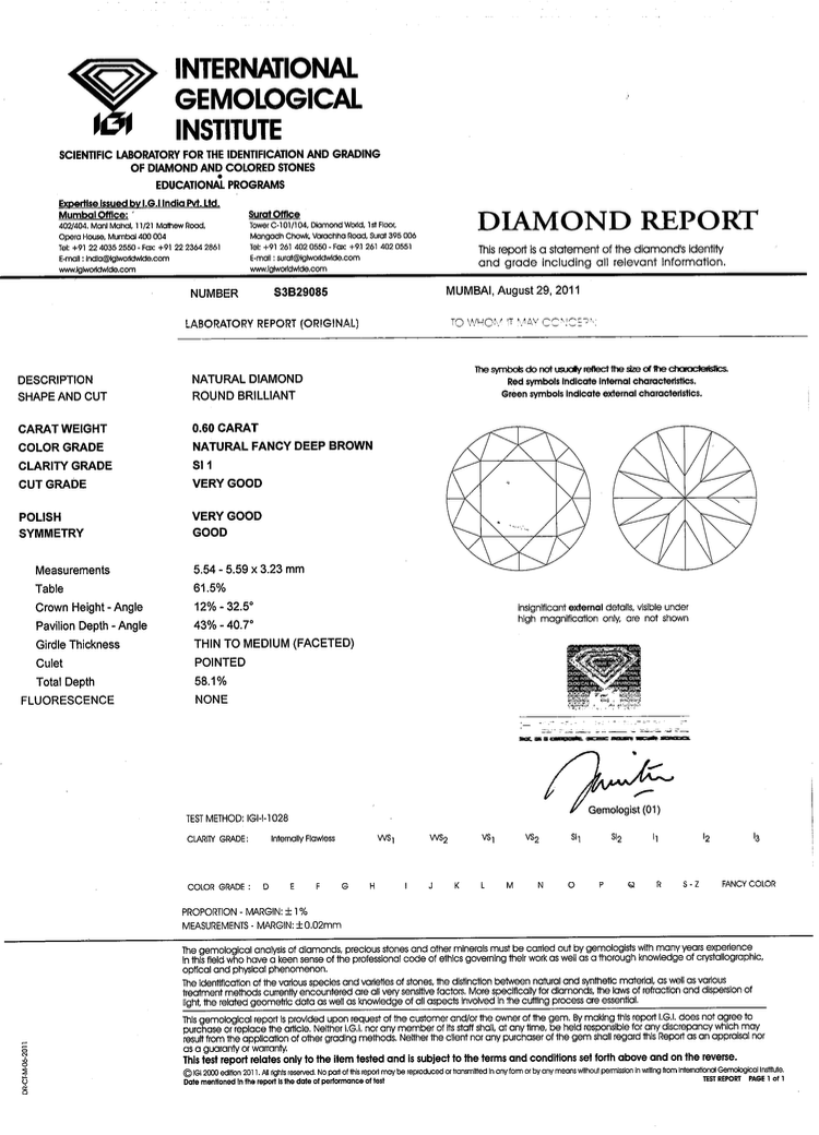 0.60ct Deep Brown, Round Diamond, SI1 - 5.54 - 5.59 x 3.23mm