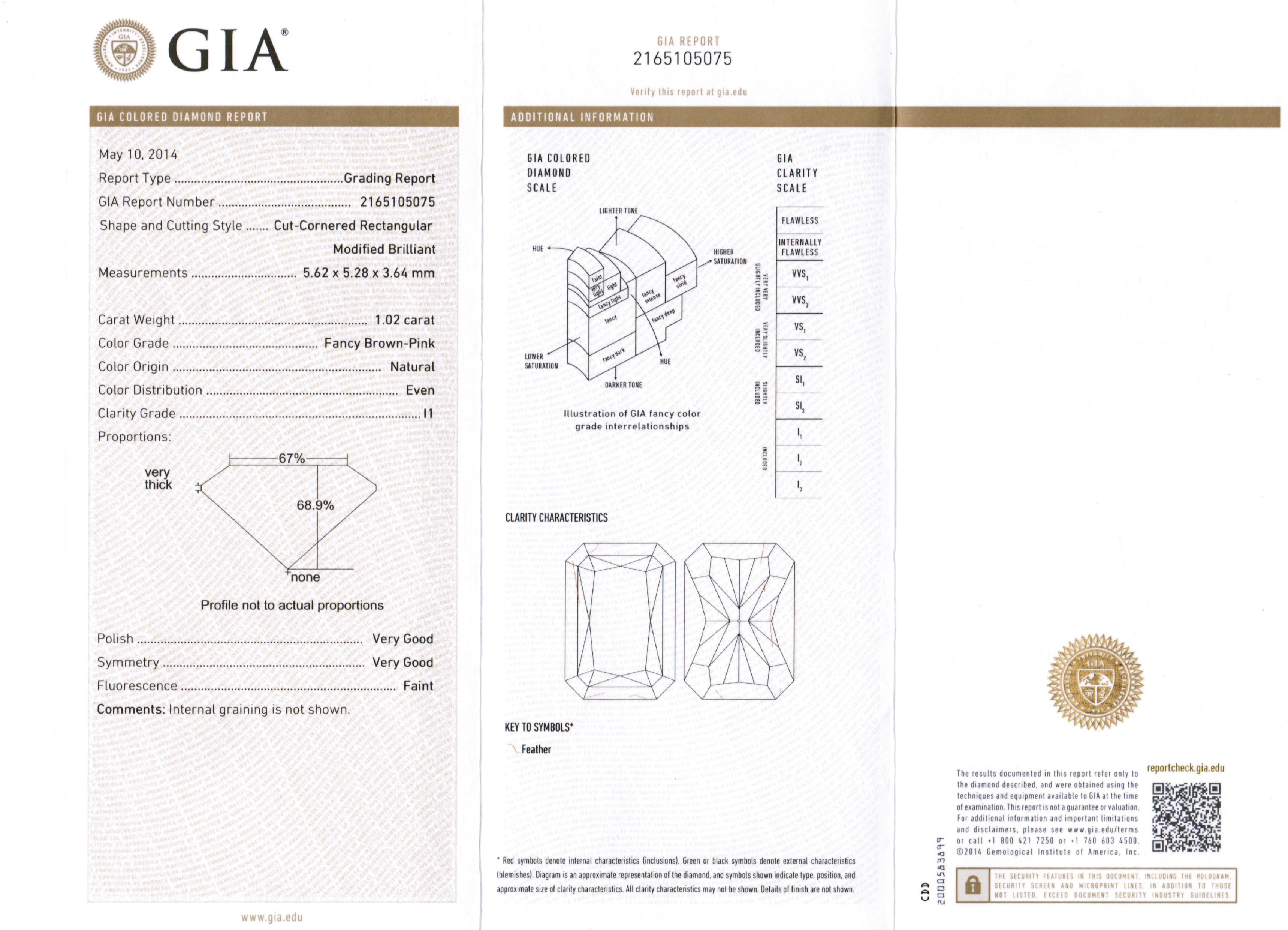 1.02ct Brown-Pink, Radiant Diamond, I1 - 5.62 x 5.28 x 3.64mm