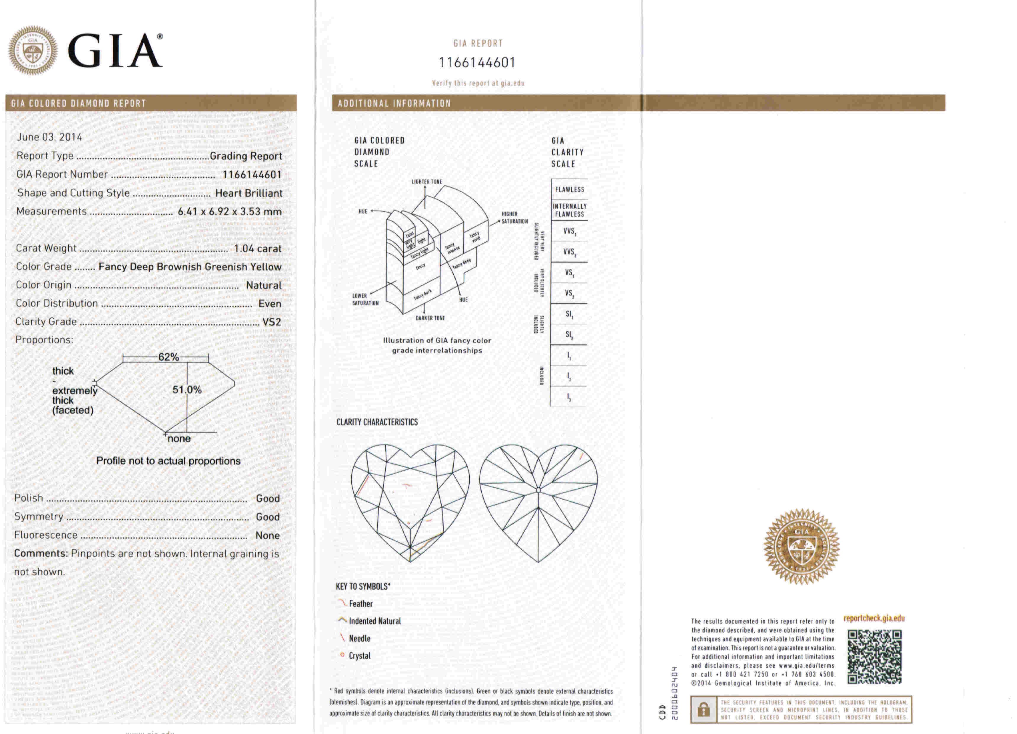 1.04ct Deep Brownish Greenish Yellow, Heart Shape Diamond, VS2 - 6.41 x 6.92 x 3.53mm