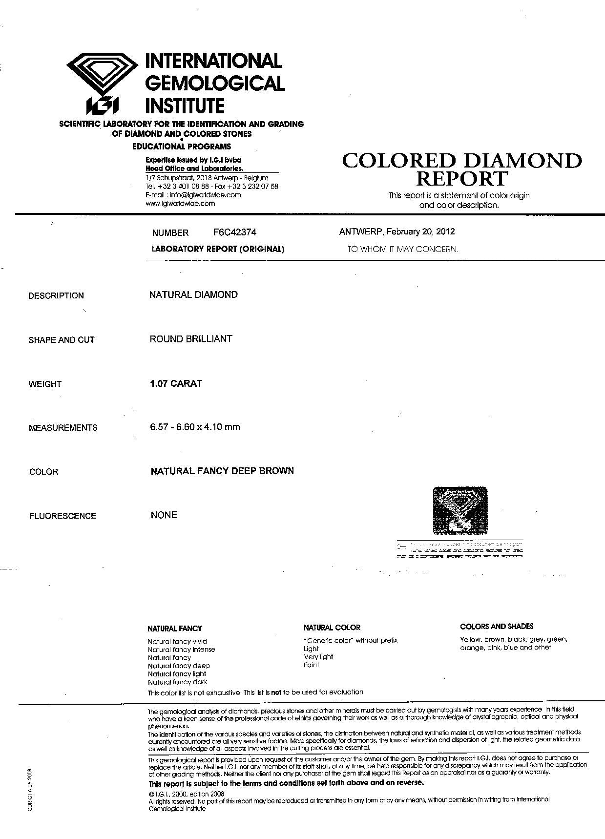 1.07ct Deep Brown, Round Diamond - 6.57 - 6.60 x 4.10mm