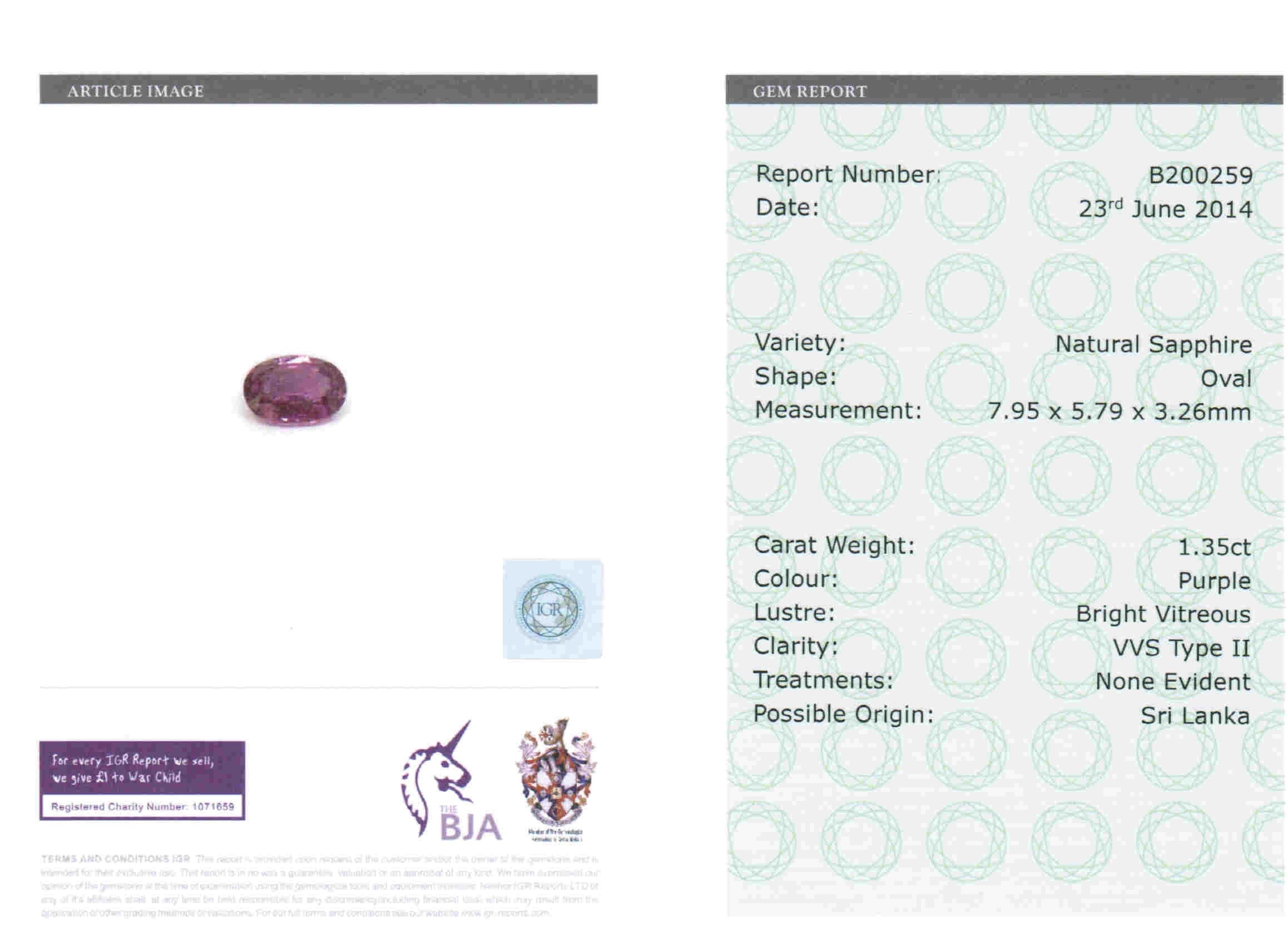 1.35ct Purple, Oval Sapphire, No Heat, Sri Lanka - 7.95 x 5.79 x 3.26mm