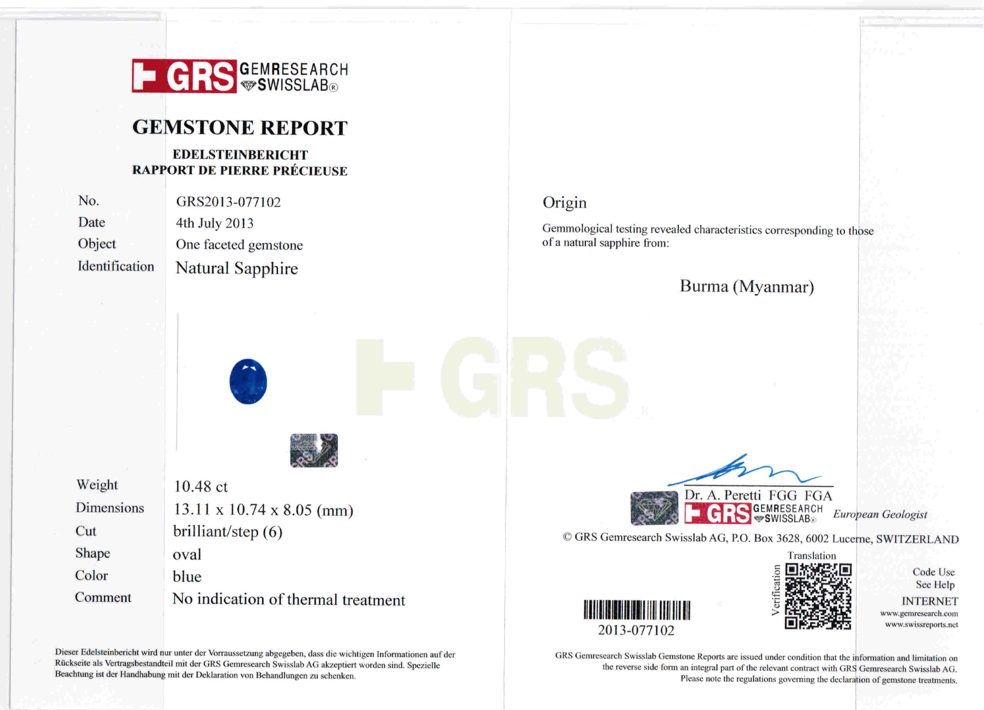 10.48ct Oval Sapphire, No Heat, Myanmar - 13.11 x 10.74 x 8.05mm