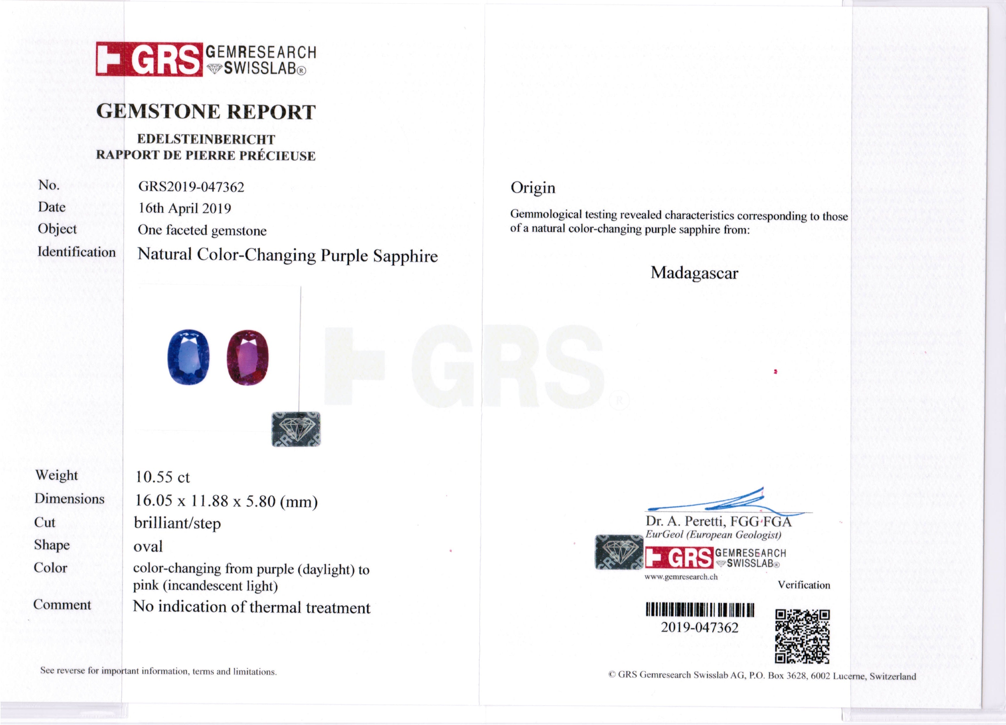 10.55ct Purple to Pink Colour Change Oval Sapphire, No Heat, Madagascar - 16.05 x 11.88 x 5.80mm