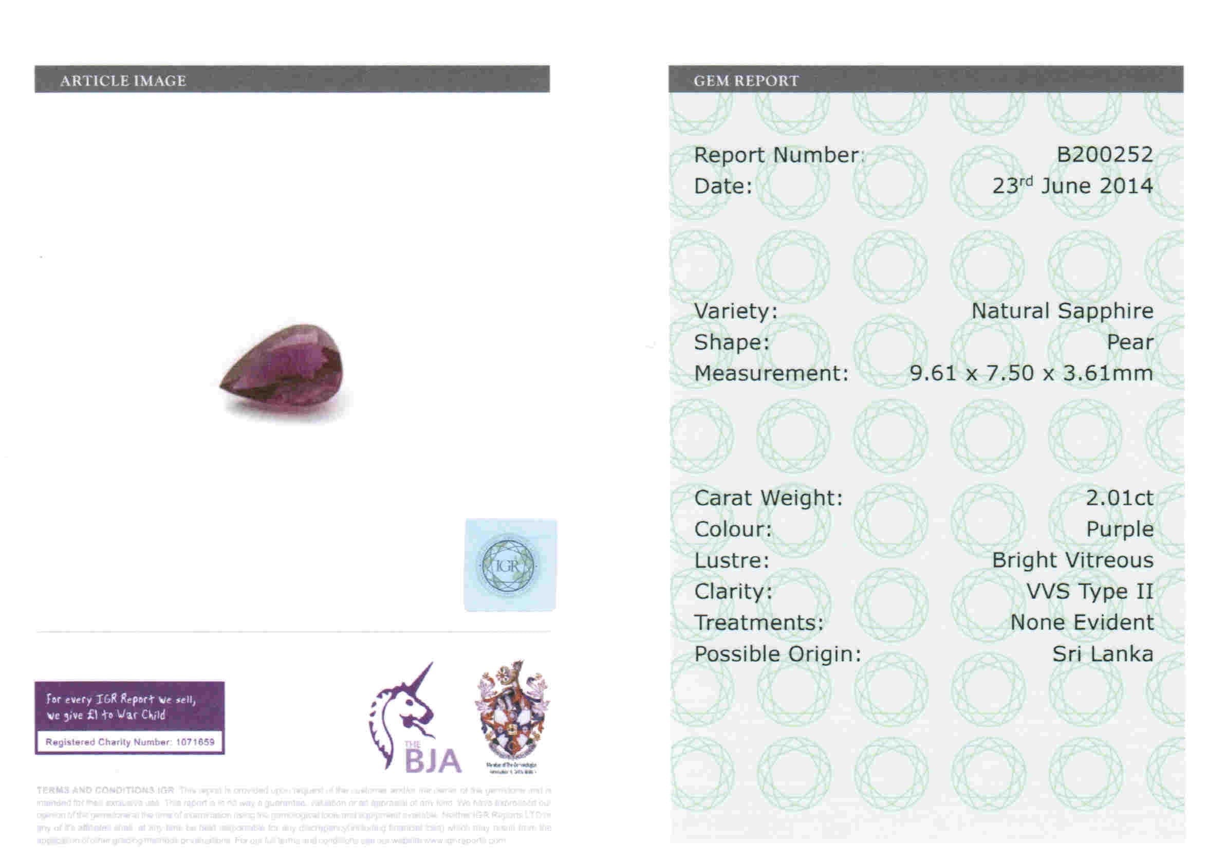 2.01ct Purple, Pear Shape Sapphire, No Heat, Sri Lanka - 9.61 x 7.50 x 3.61mm