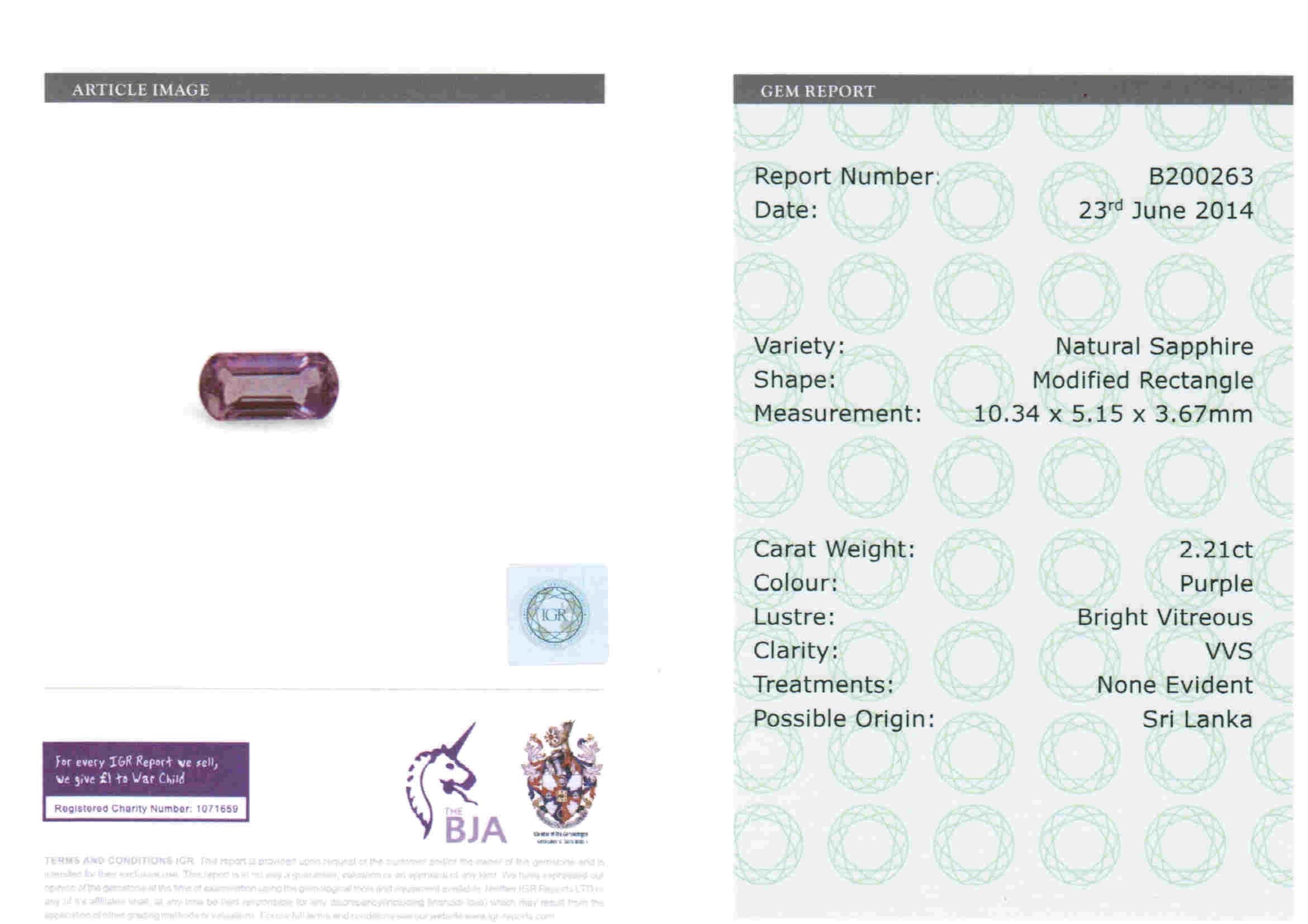 2.21ct Purple, Modified Rectangle Sapphire, No Heat, Sri Lanka - 10.34 x 5.15 x 3.67mm