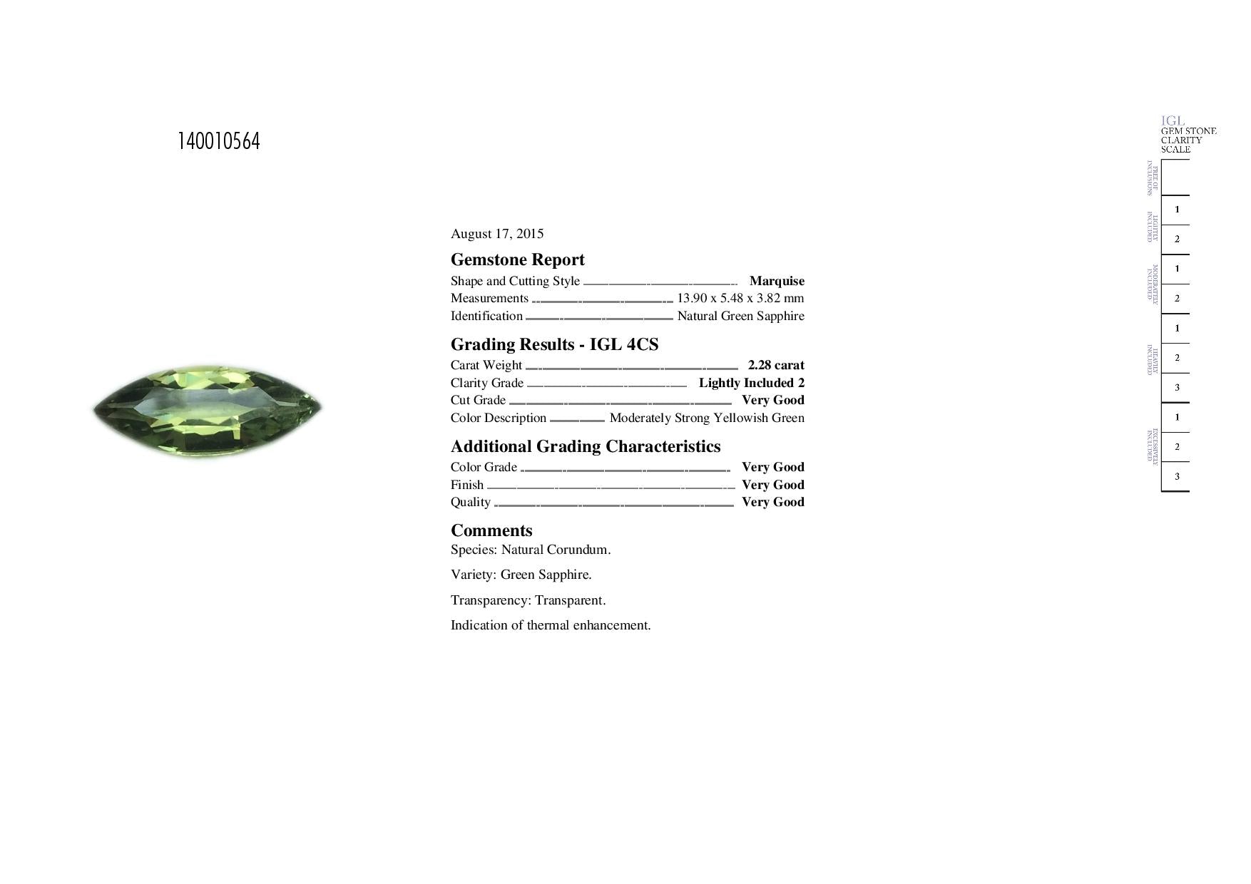 2.28ct Yellowish Green, Marquise Sapphire, Heated, East Africa - 13.90 x 5.48 x 3.82mm