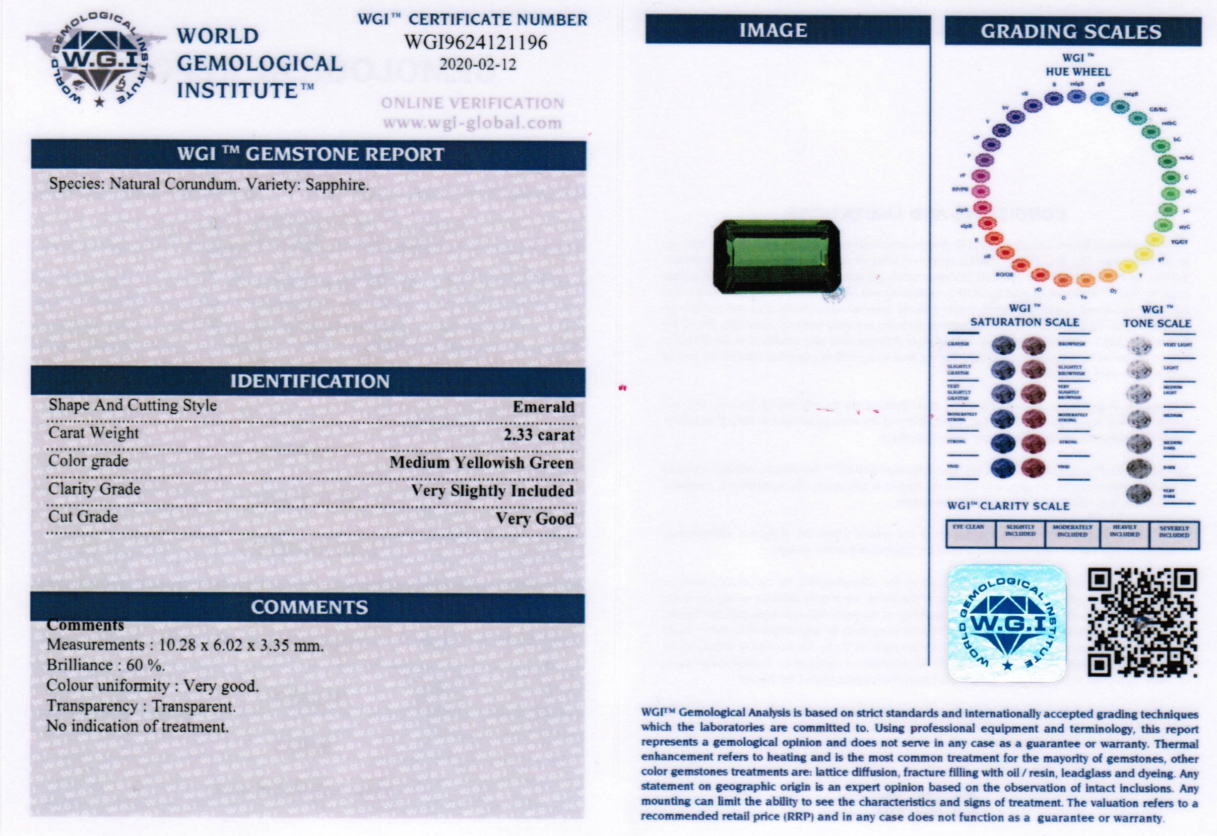 2.33ct Yellowish Green, Octagon Sapphire, No Heat - 10.28 x 6.02 x 3.35mm