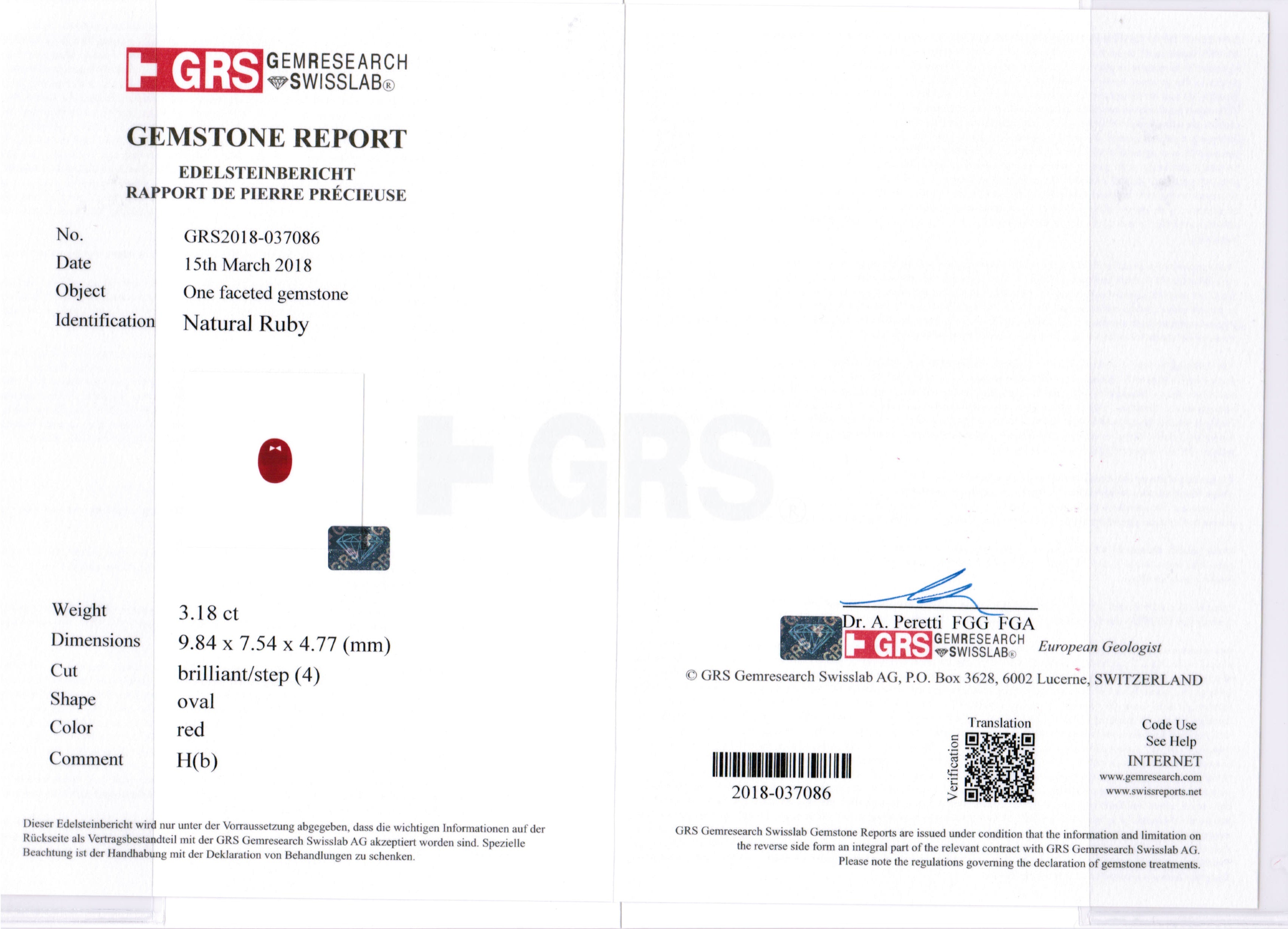 3.18ct Oval Ruby, H(b) - 9.84 x 7.54 x 4.77mm