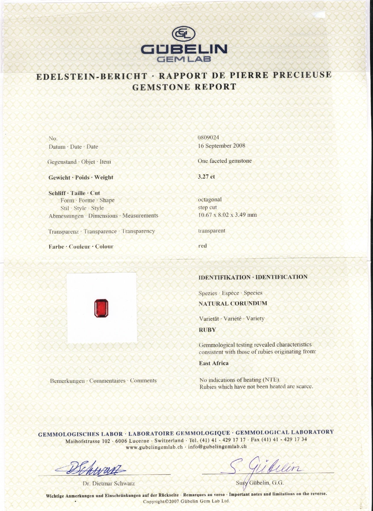3.27ct Octagon Ruby, No Heat, East Africa - 10.67 x 8.02 x 3.49mm