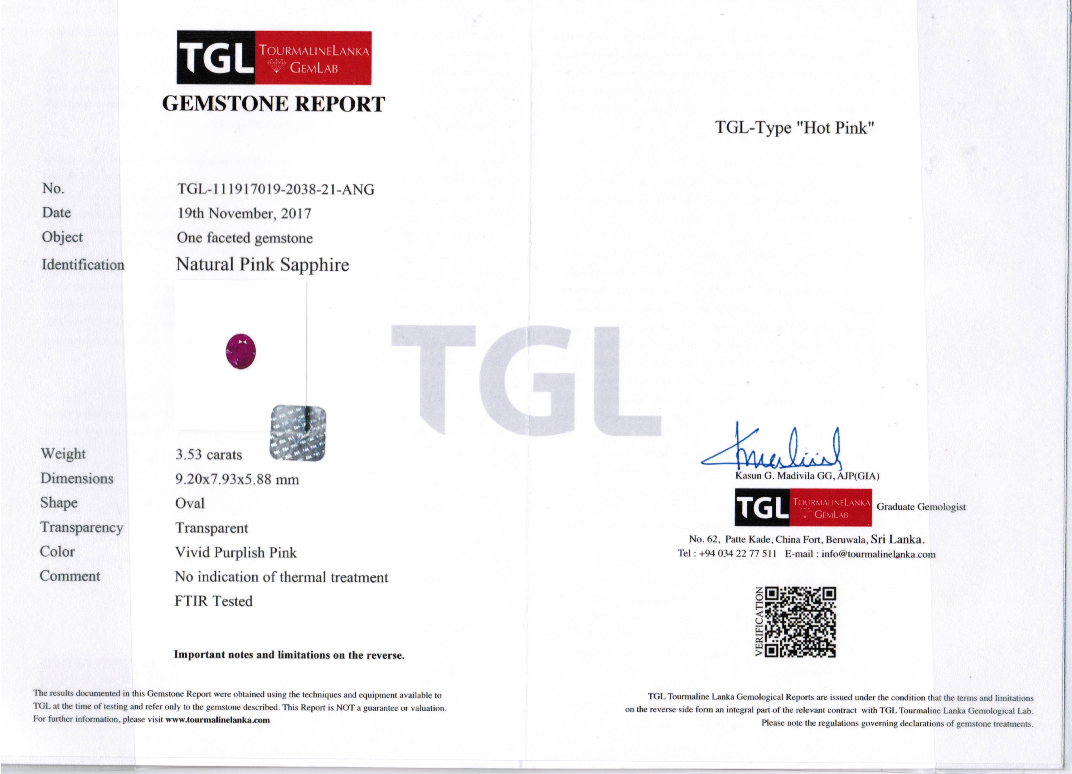 3.53ct Purplish Pink, Oval Sapphire, No Heat, Sri Lanka - 9.20 x 7.93 x 5.88mm