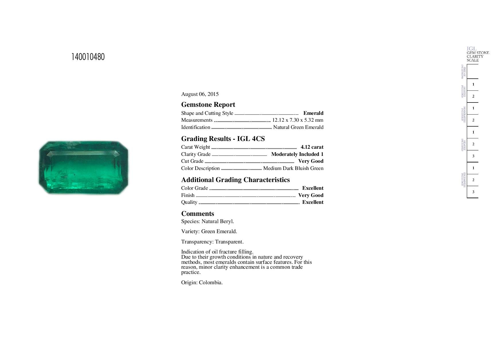 4.12ct Bluish Green, Octagon Emerald, Oiled, Colombia - 12.12 x 7.30 x 5.32mm