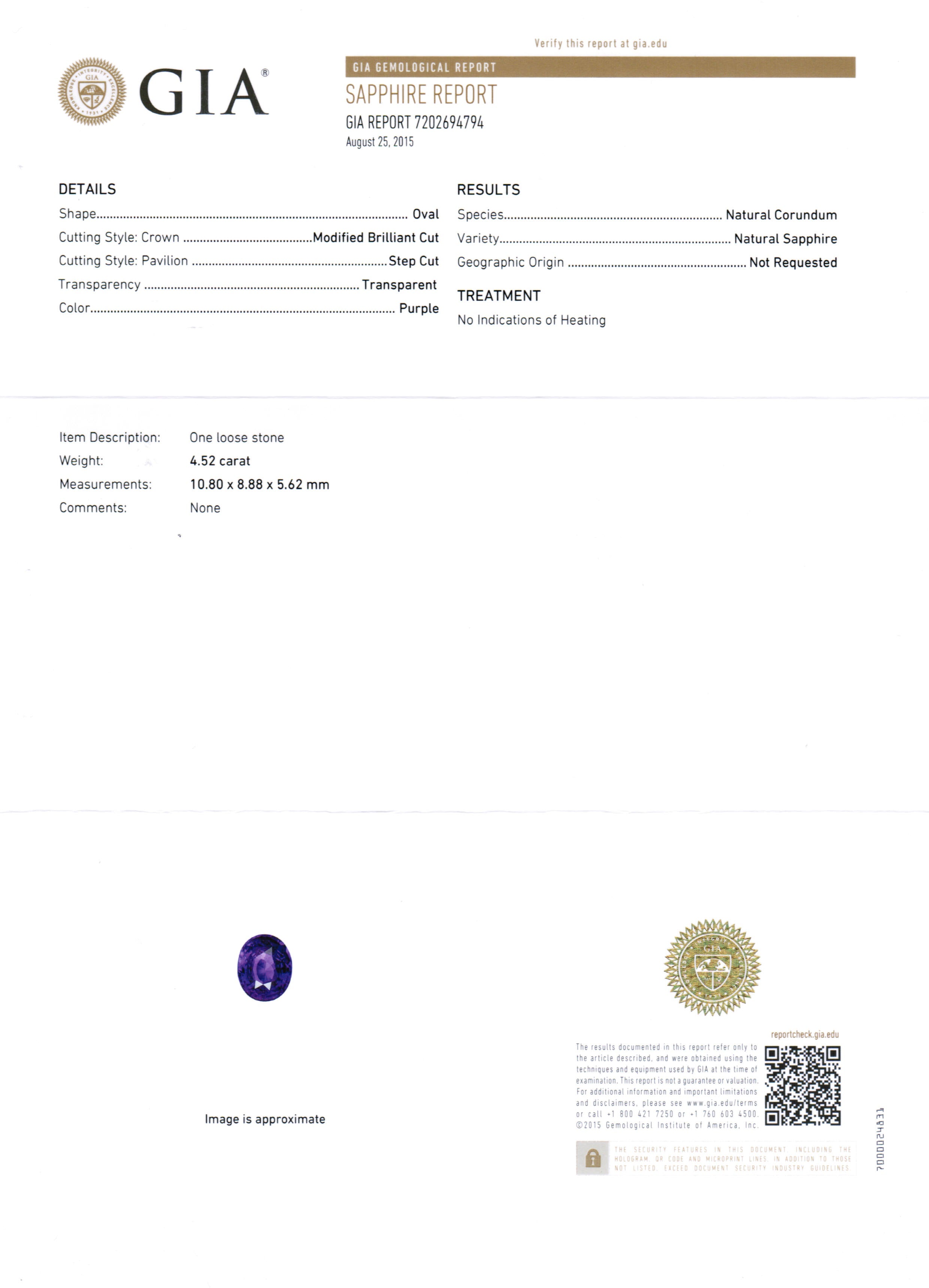 4.52ct Oval, Purple Sapphire, No Heat, Madagascar - 10.80 x 8.88 x 5.62mm