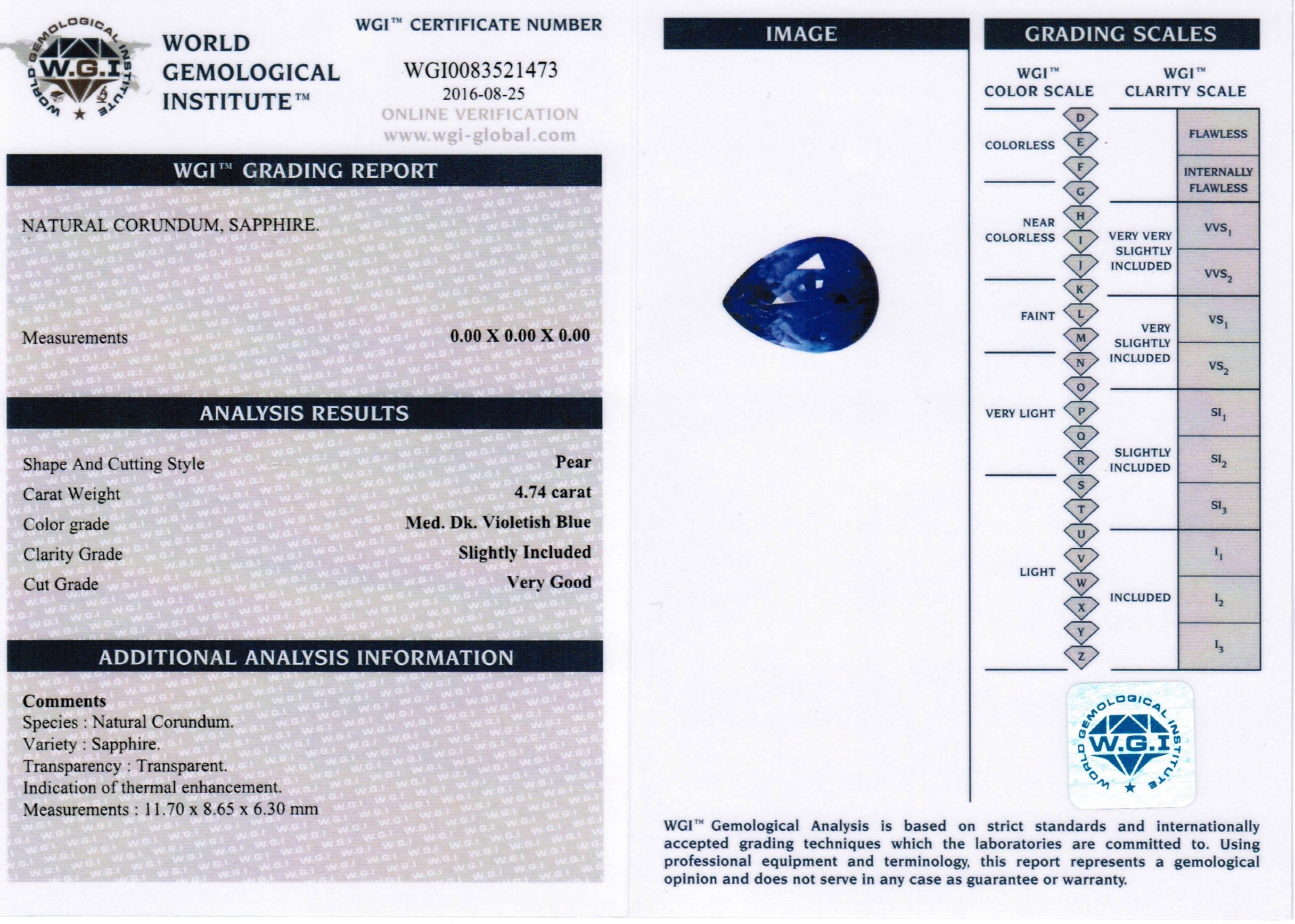 4.74ct Pear Shape Sapphire, Heated, Sri Lanka - 11.70 x 8.65 x 6.30mm