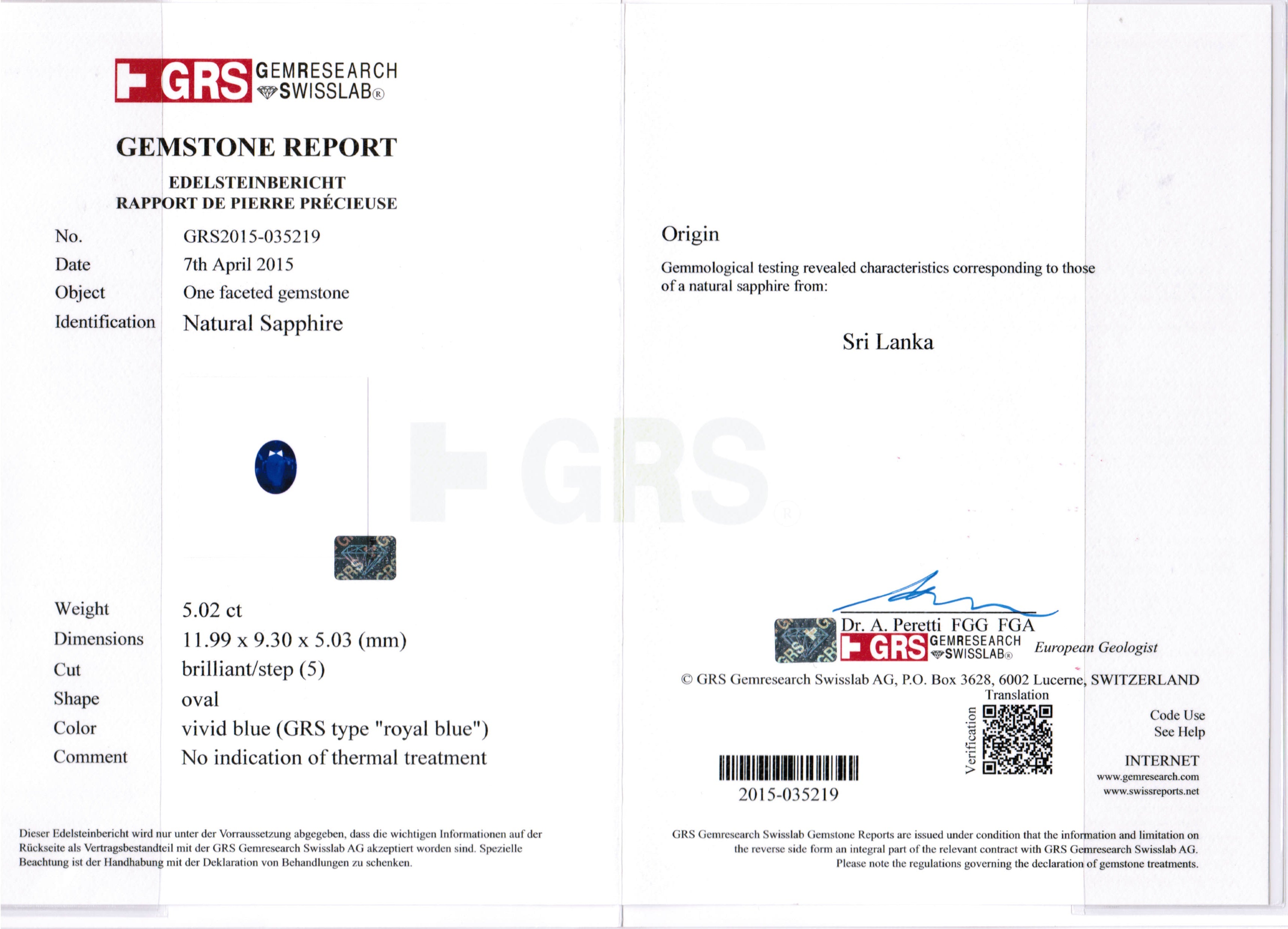 5.02ct Vivid, Royal Blue, Oval Sapphire, No Heat, Sri Lanka - 11.99 x 9.30 x 5.03mm