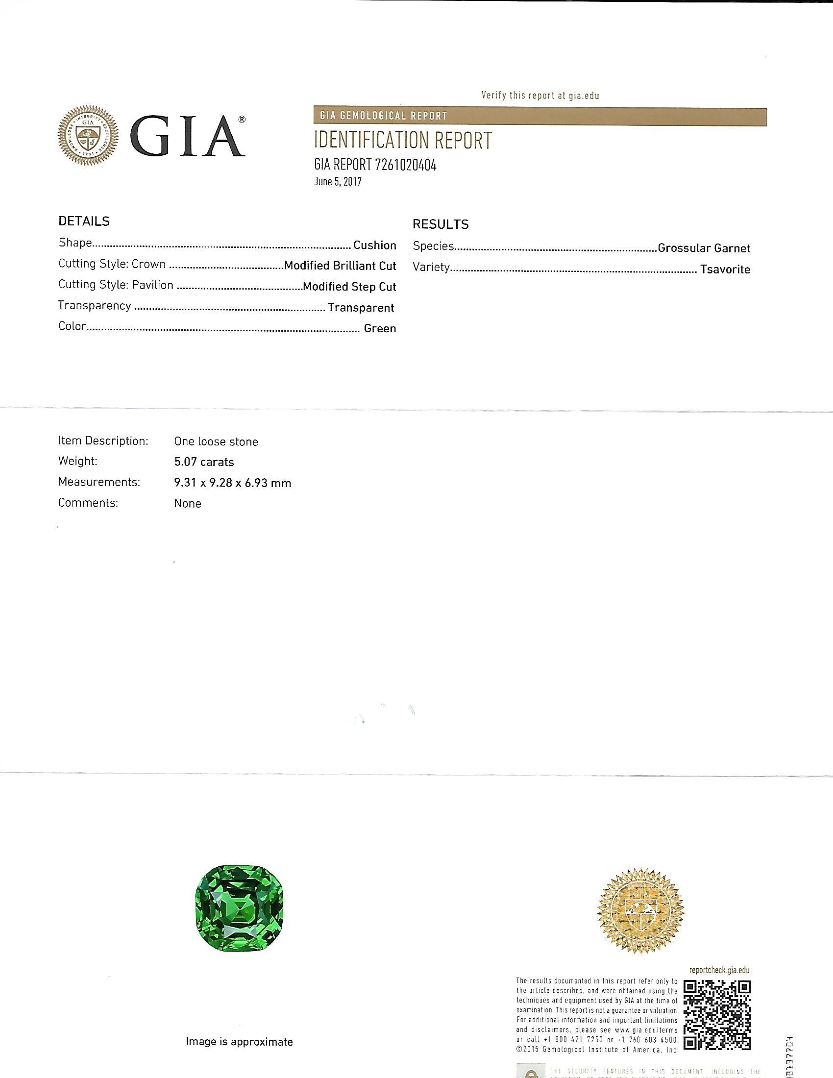 5.07ct Cushion Tsavorite Garnet, No Treatment, East Africa - 9.31 x 9.28 x 6.93mm