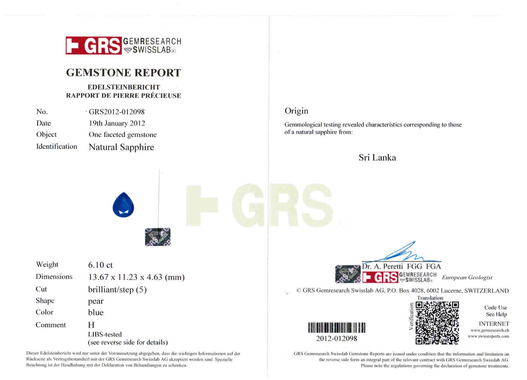 6.10ct Pear Shape Sapphire, Sri Lanka - 13.69 x 11.23 x 4.64mm