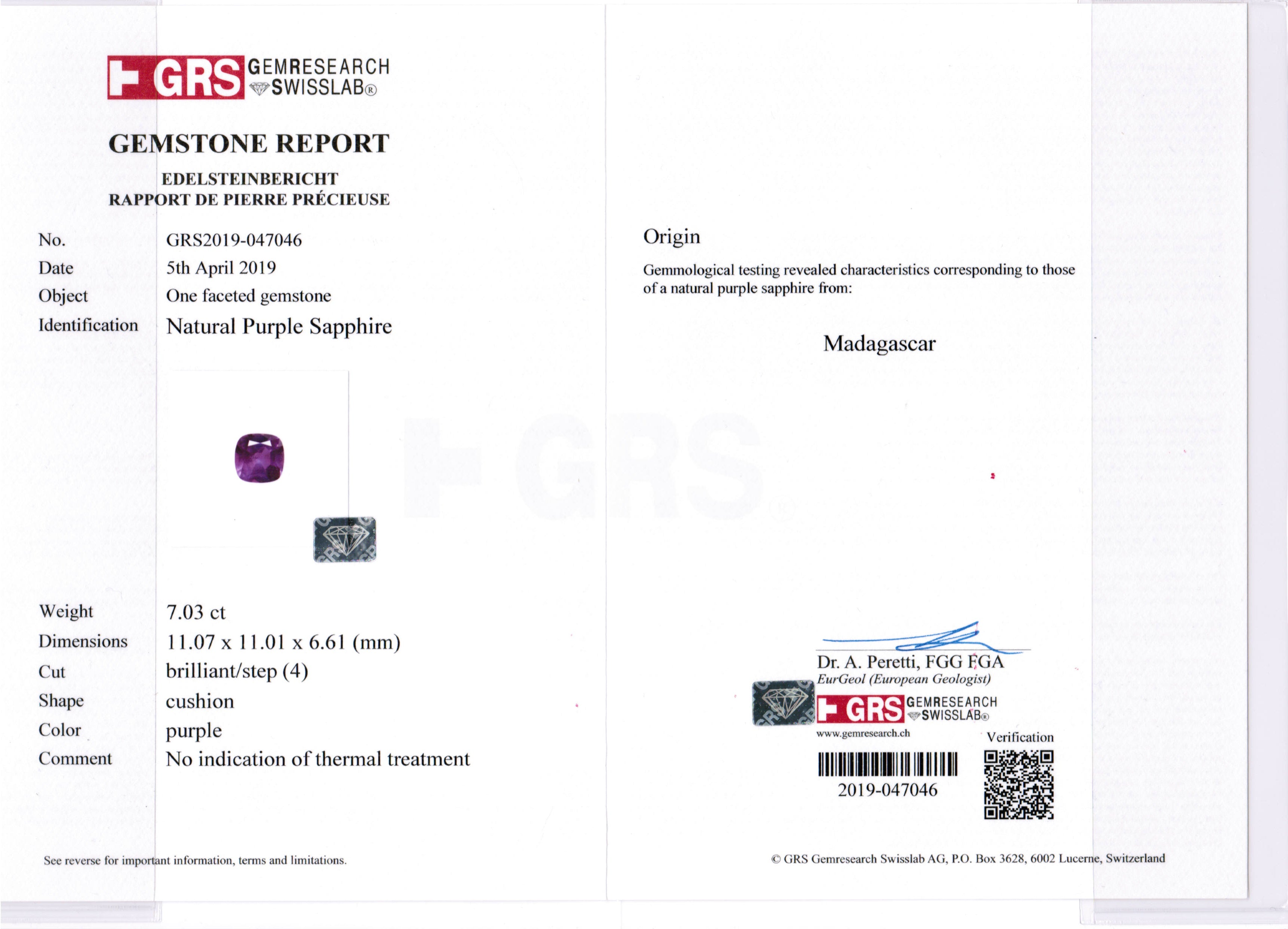 7.03ct Purple, Cushion Sapphire, No Heat, Madagascar - 11.07 x 11.01 x 6.61mm