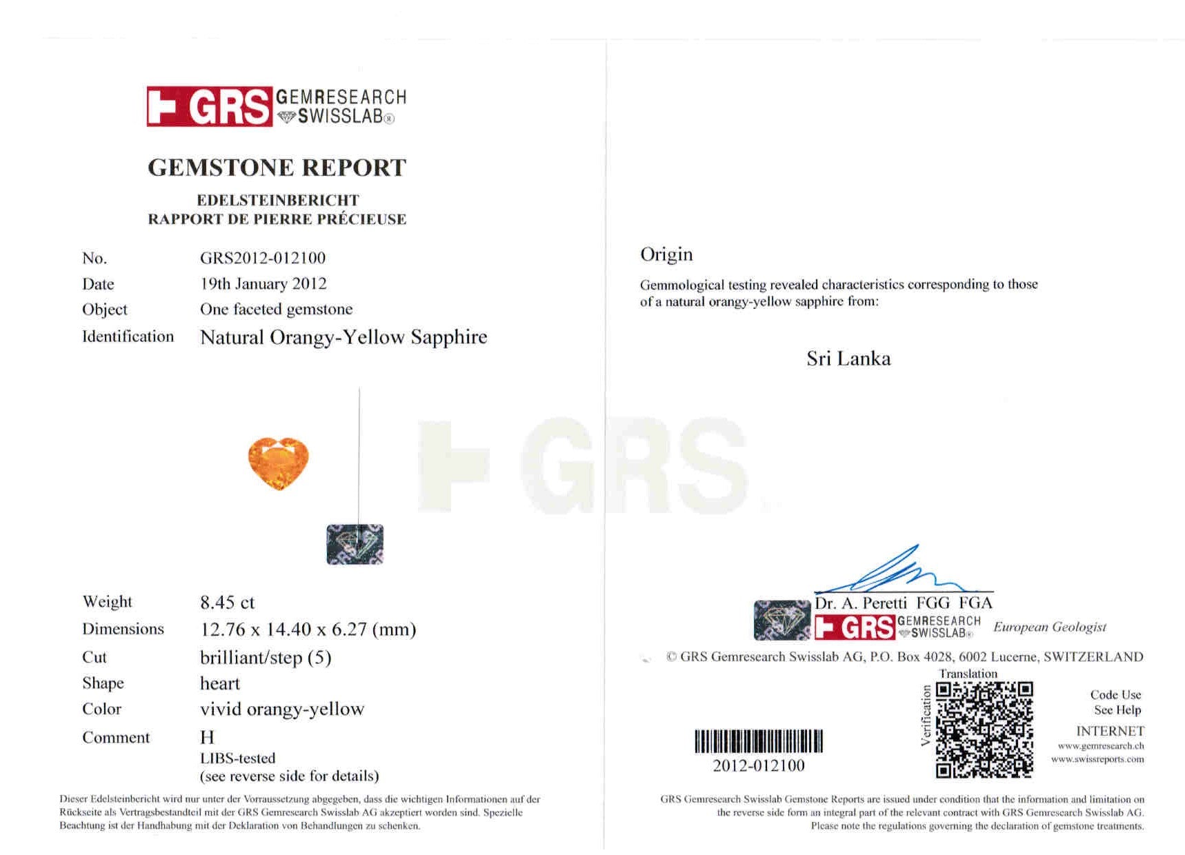 8.45ct Orangy Yellow, Heart Shape Sapphire, Heated, Sri Lanka - 12.76 x 14.40 x 6.27mm
