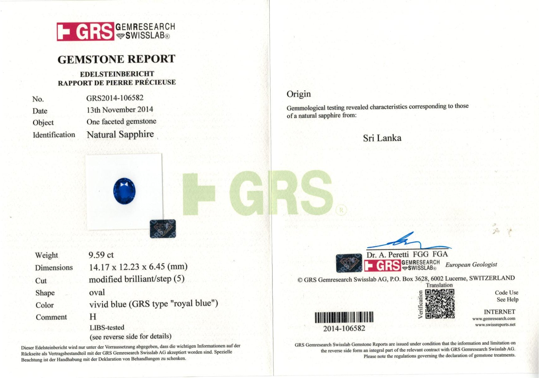 9.59ct Vivid, Royal Blue, Oval Sapphire, Sri Lanka - 14.17 x 12.23 x 6.45mm