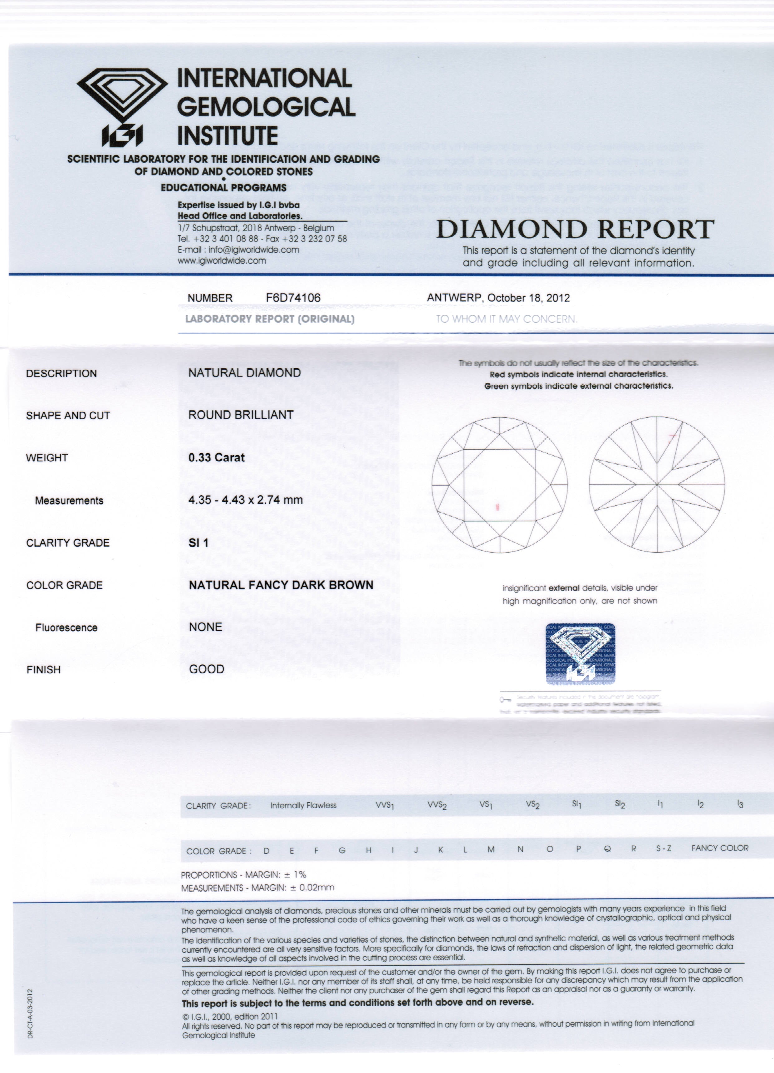 0.33ct Fancy Dark Brown, Round Diamond, SI1 - 4.35 - 4.43 x 2.74mm
