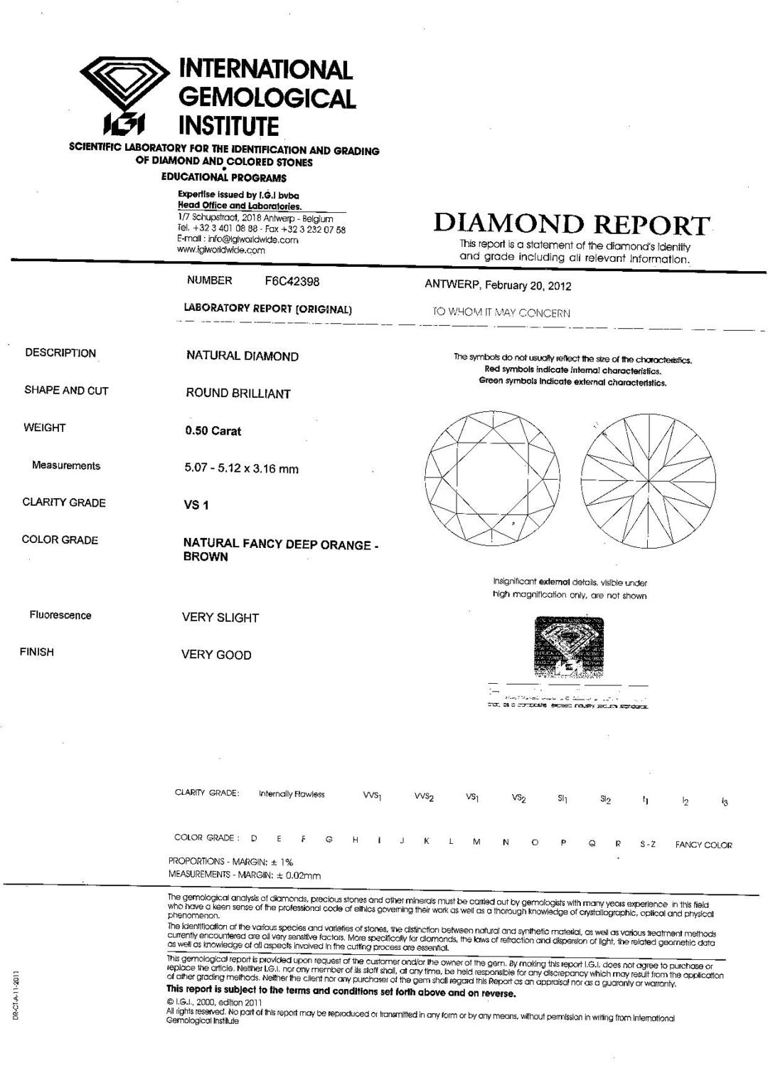 0.50ct Deep Orange-Brown, Round Diamond Diamond, VS1 - 5.07 - 5.12 x 3.16mm