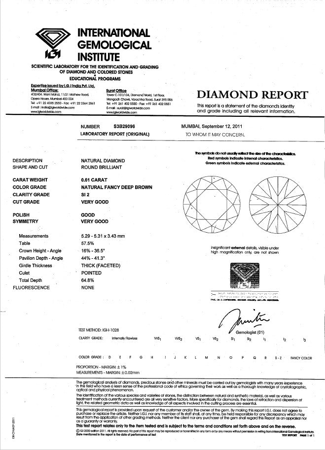 0.61ct Deep Brown, Round Diamond, SI2 - 5.29 - 5.31 x 3.43mm