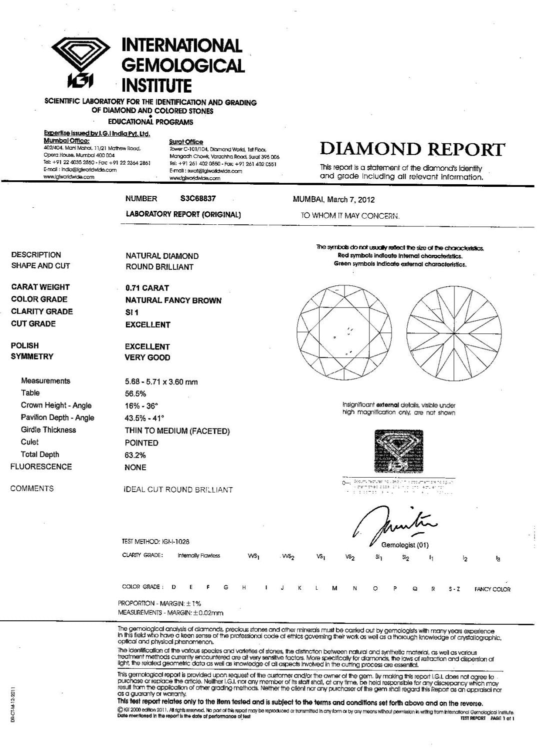 0.71ct Fancy Brown, Round Diamond, SI1 - 5.68 - 5.71 x 3.60mm