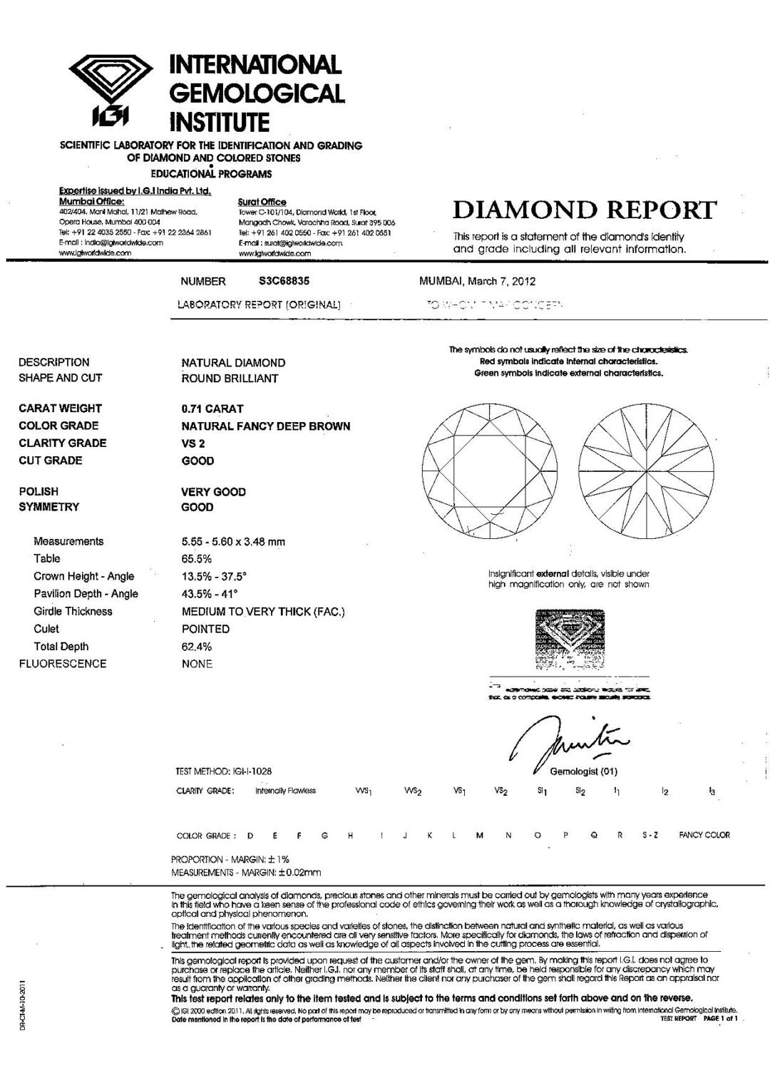 0.71ct Deep Brown, Round Diamond, VS2 - 5.55 - 5.60 x 3.48mm
