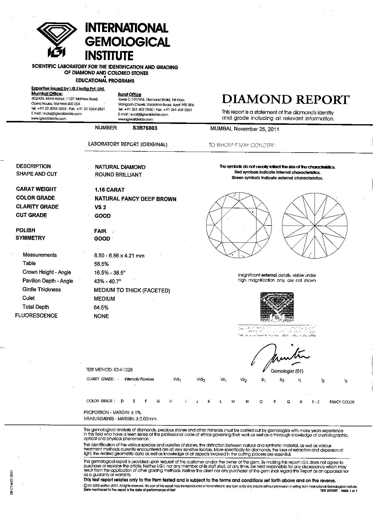 1.16ct Deep Brown, Round Diamond, VS2 - 6.50 - 6.56 x 4.21mm