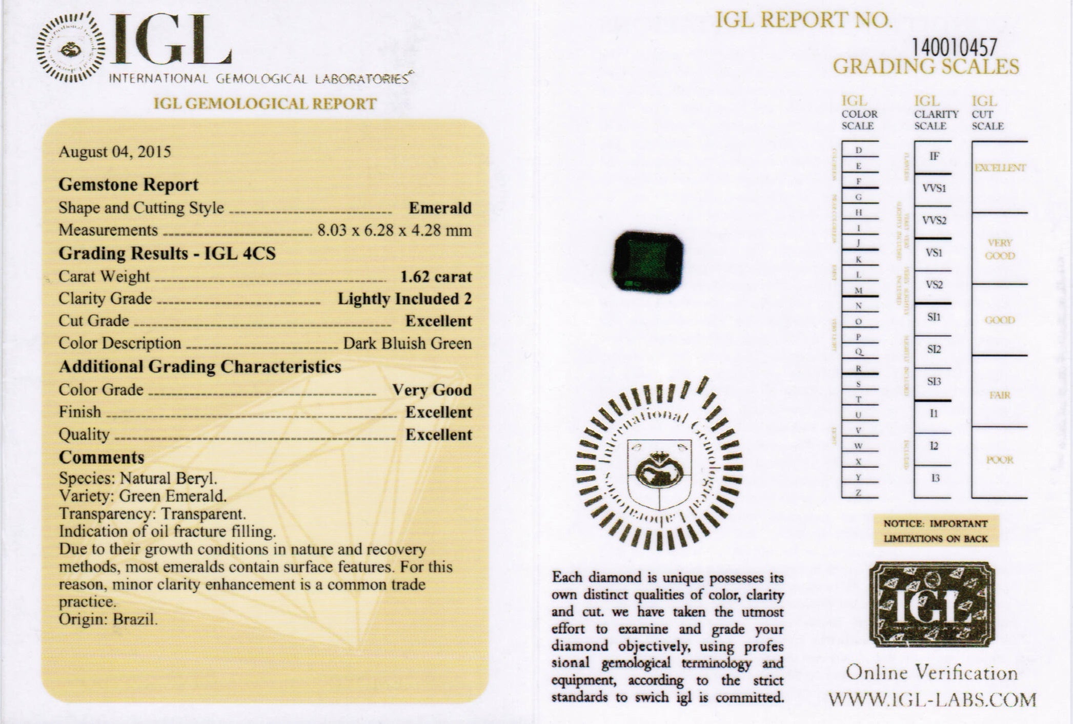 1.62ct Bluish Green, Octagon Emerald, Brazil - 8.03 x 6.28 x 4.28mm