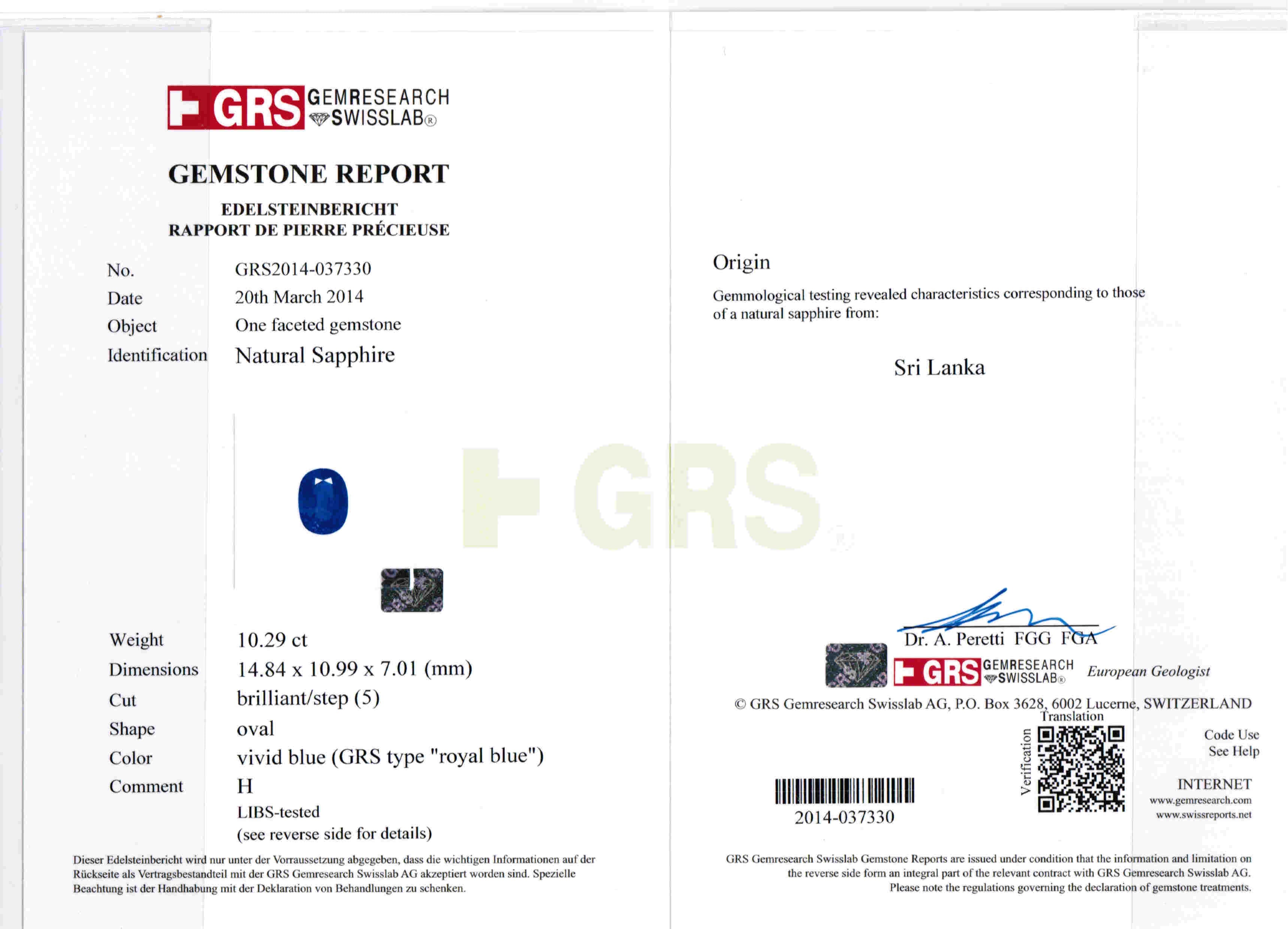 10.29ct Vivid, Royal Blue, Oval Sapphire, Sri Lanka - 14.84 x 10.99 x 7.01mm
