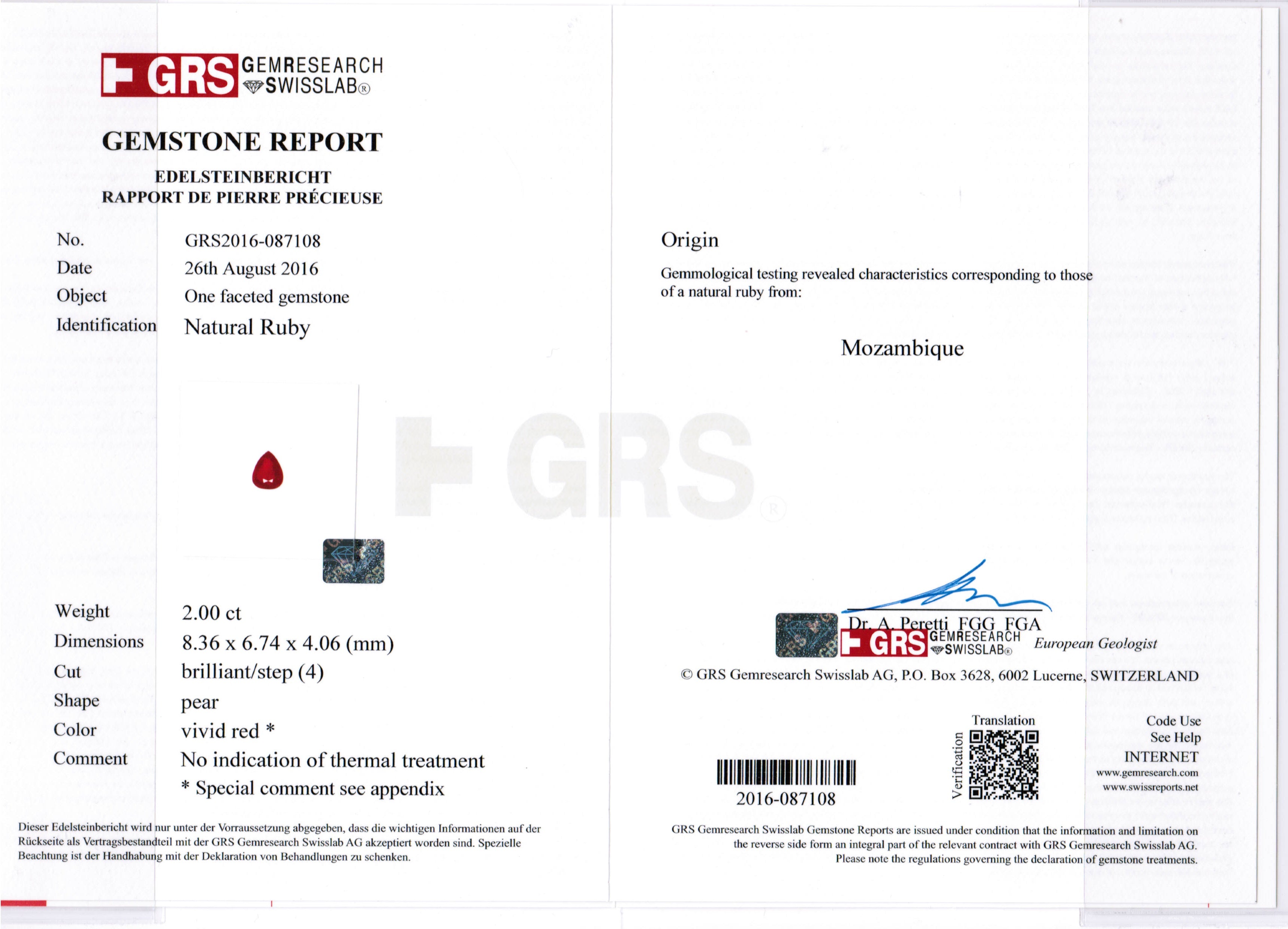 4.02ct Vivid, Pigeon's Blood Red, Pear Shape Ruby Pair, No Heat, Mozambique - 8.4 x 6.8mm