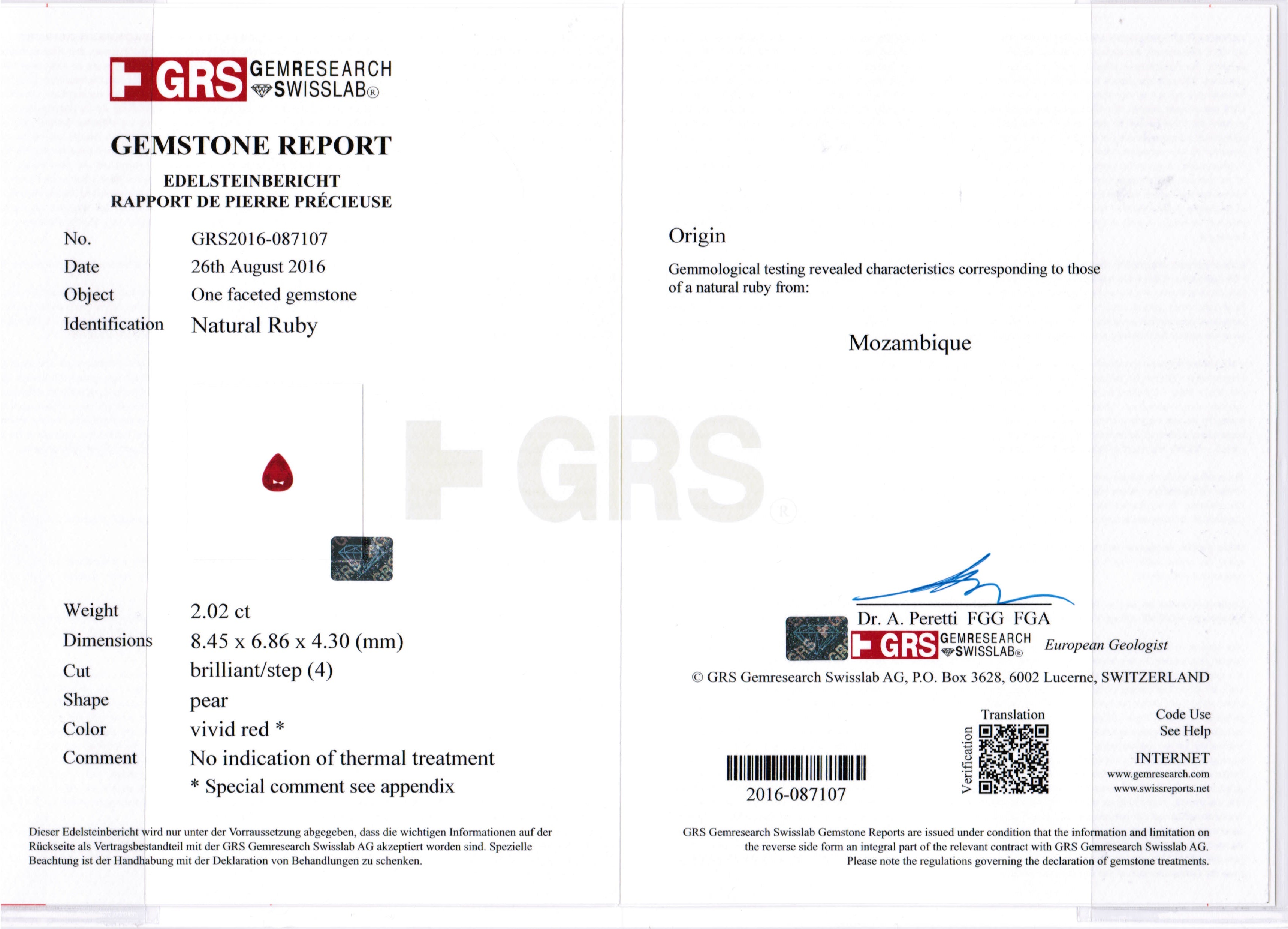 4.02ct Vivid, Pigeon's Blood Red, Pear Shape Ruby Pair, No Heat, Mozambique - 8.4 x 6.8mm