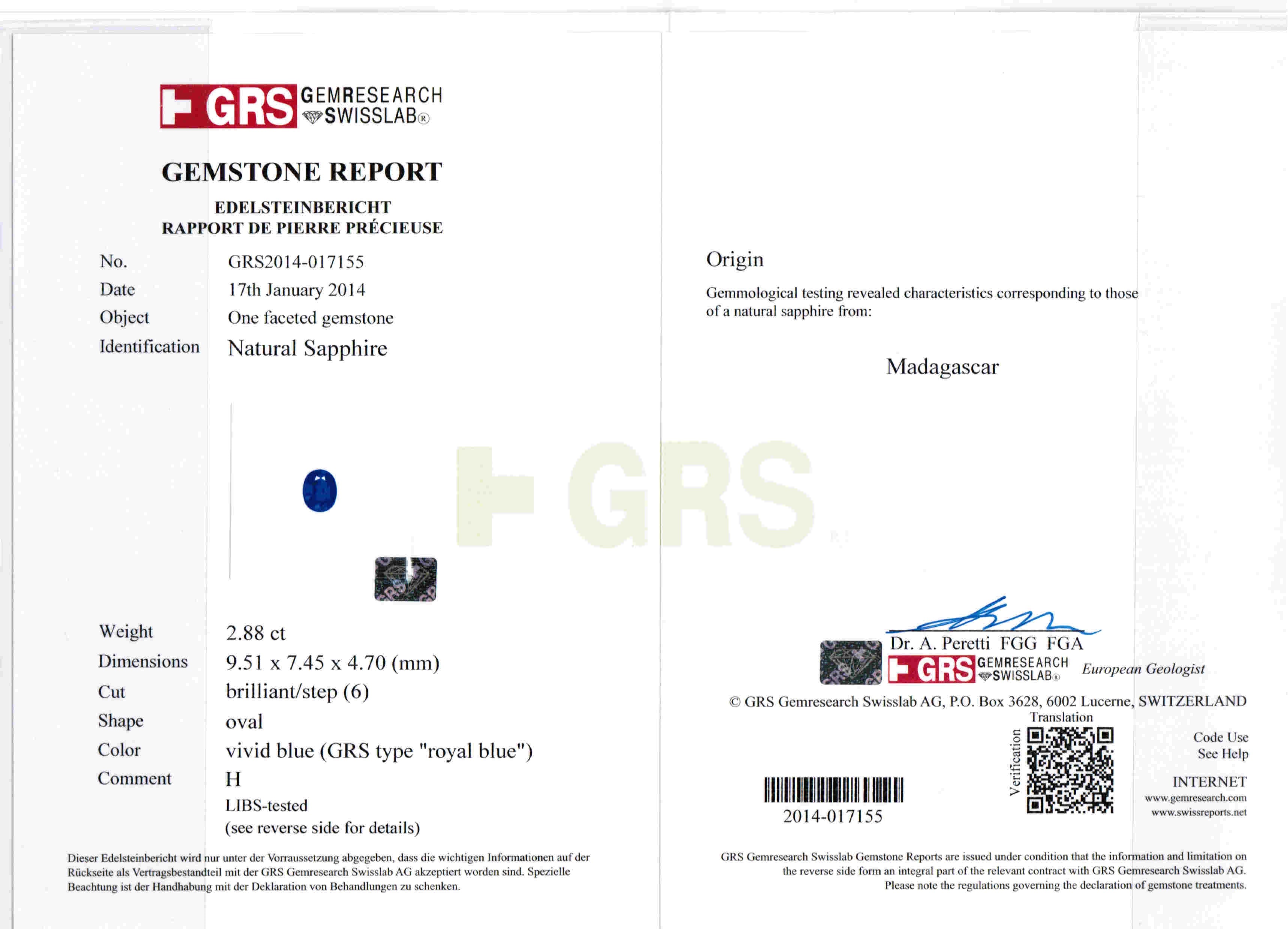 2.88ct Vivid, Royal Blue, Oval Sapphire, Madagascar - 9.51 x 7.45 x 4.70mm