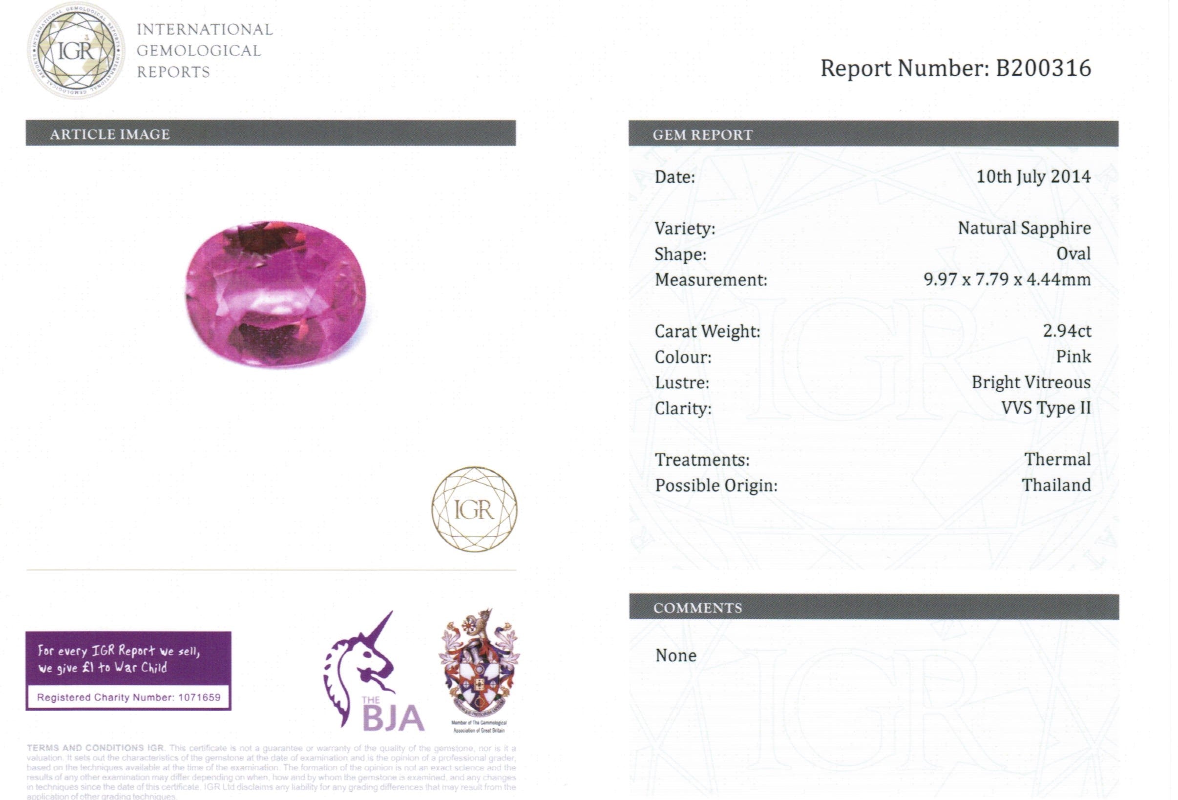 2.94ct Pink, Oval Sapphire, Heated, Thailand - 9.97 x 7.79 x 4.44mm