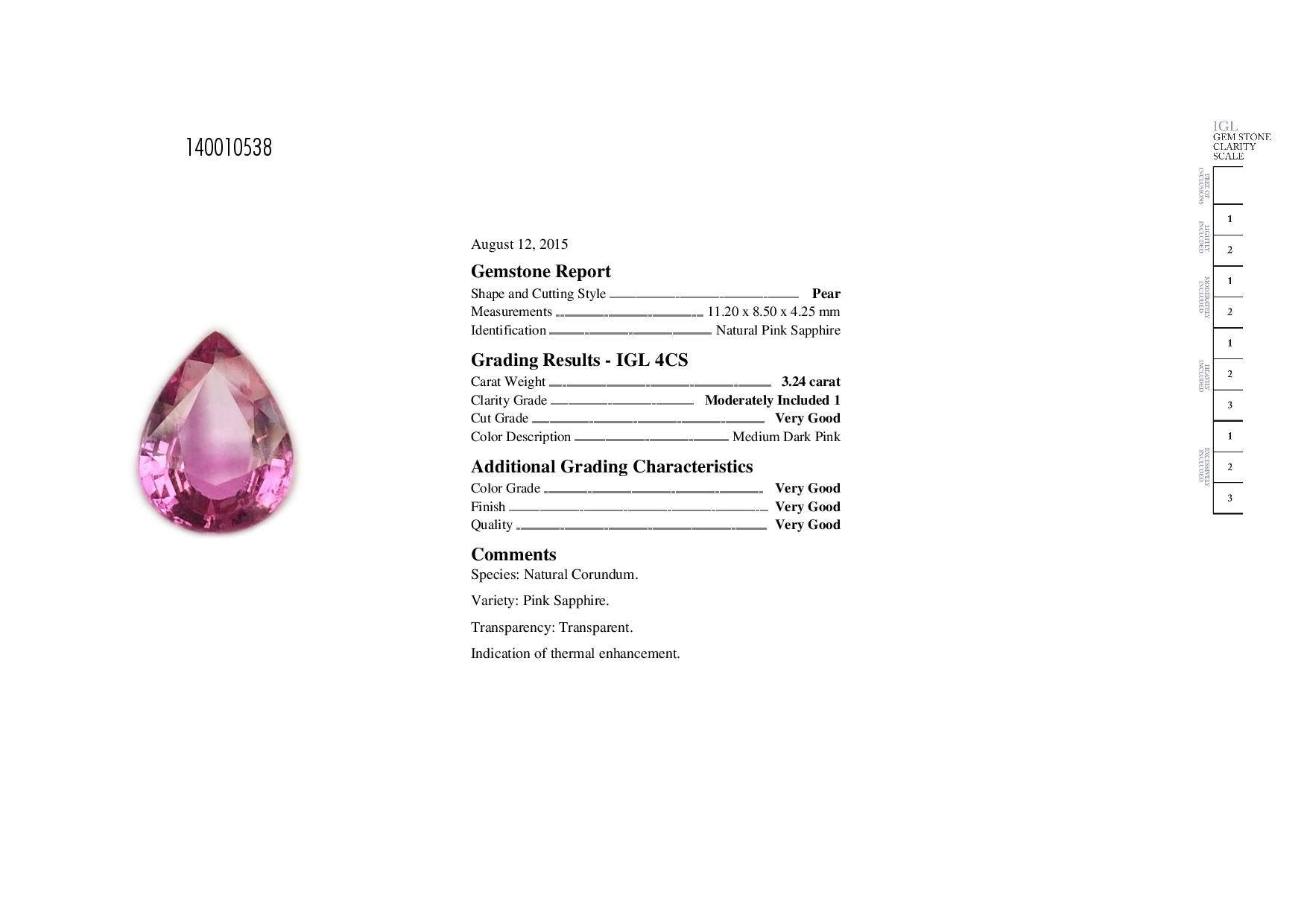 3.24ct Pink, Pear Shape Sapphire, Heated, Madagascar - 11.20 x 8.50 x 4.25mm
