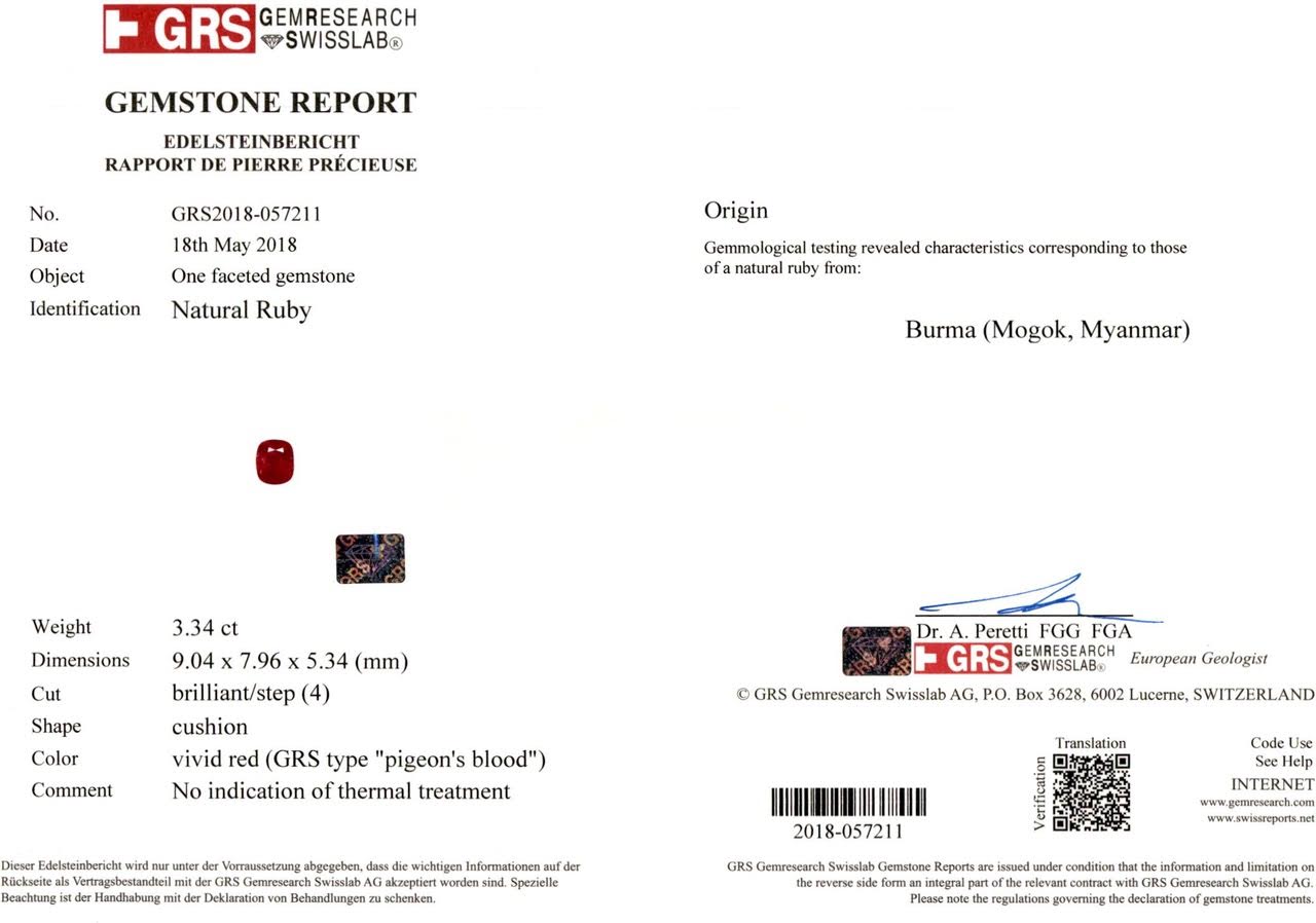 3.34ct Vivid, Pigeon's Blood Red, Cushion Ruby, No Heat, Myanmar - 9.04 x 7.96 x 5.34mm