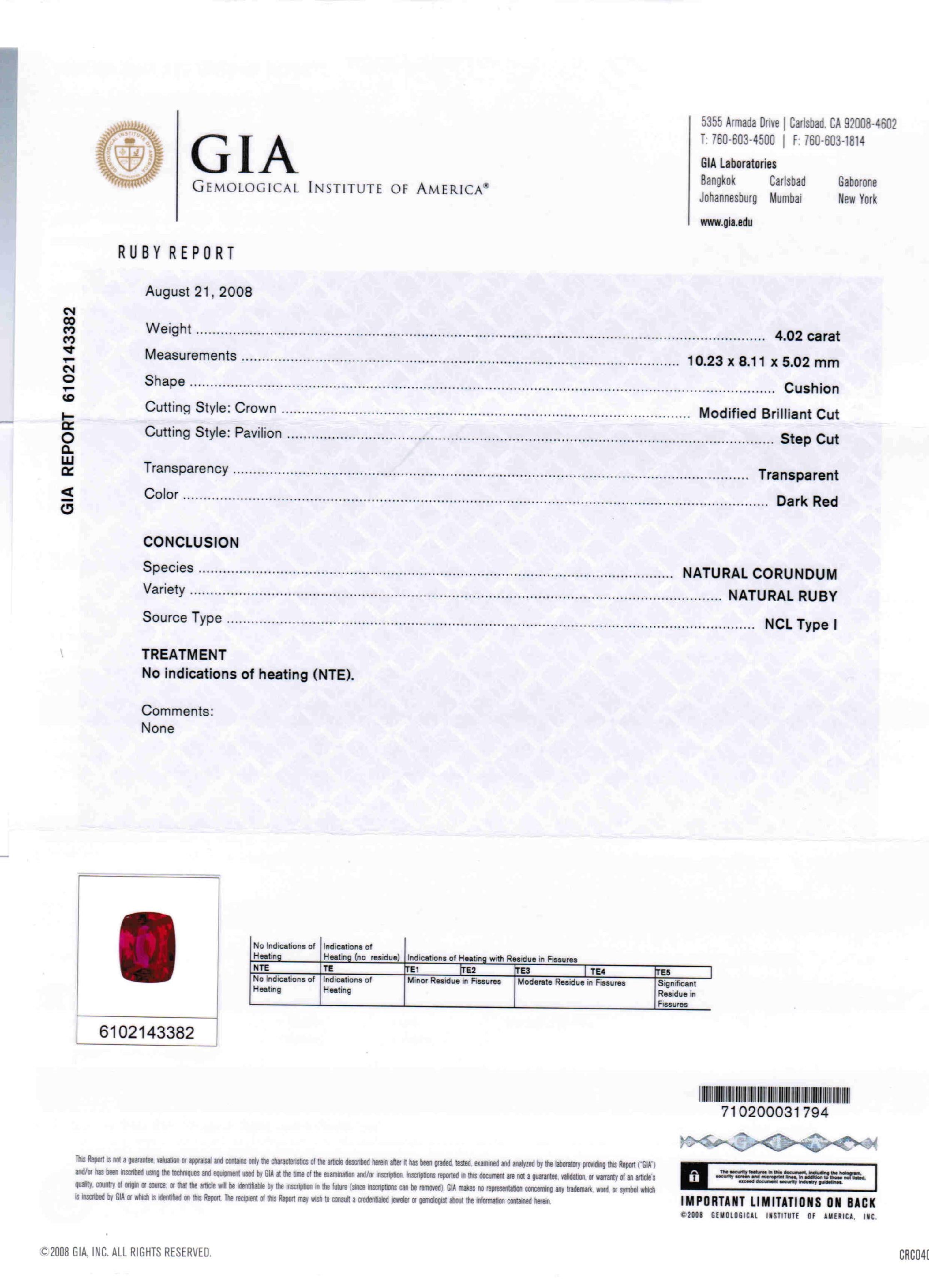 4.02ct Vivid Red, Cushion Ruby, No Heat, Tanzania - 10.23 x 8.11 x 5.02mm