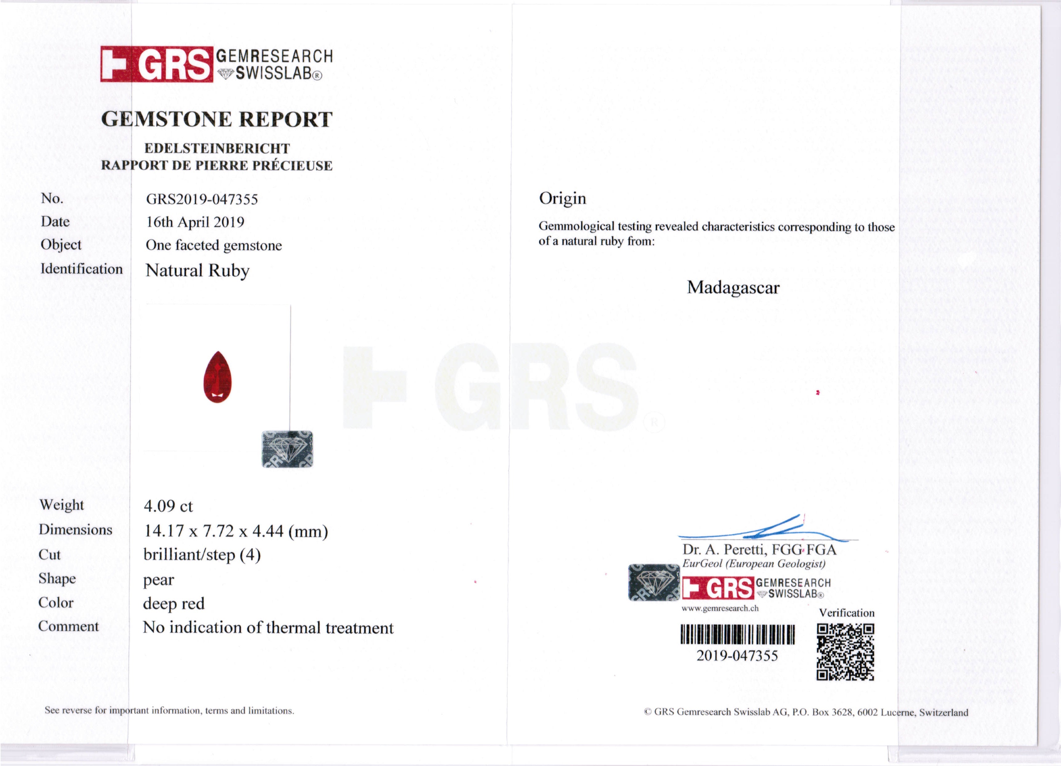 4.09ct Pear Shape Ruby, No Heat, Madagascar - 14.17 x 7.72 x 4.44mm