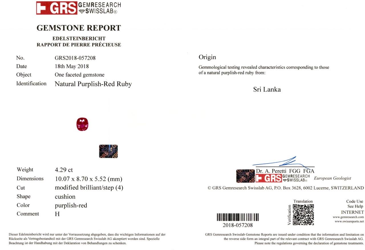 4.29ct Purplish Red, Cushion Ruby, Sri Lanka - 10.07 x 8.70 x 5.52mm