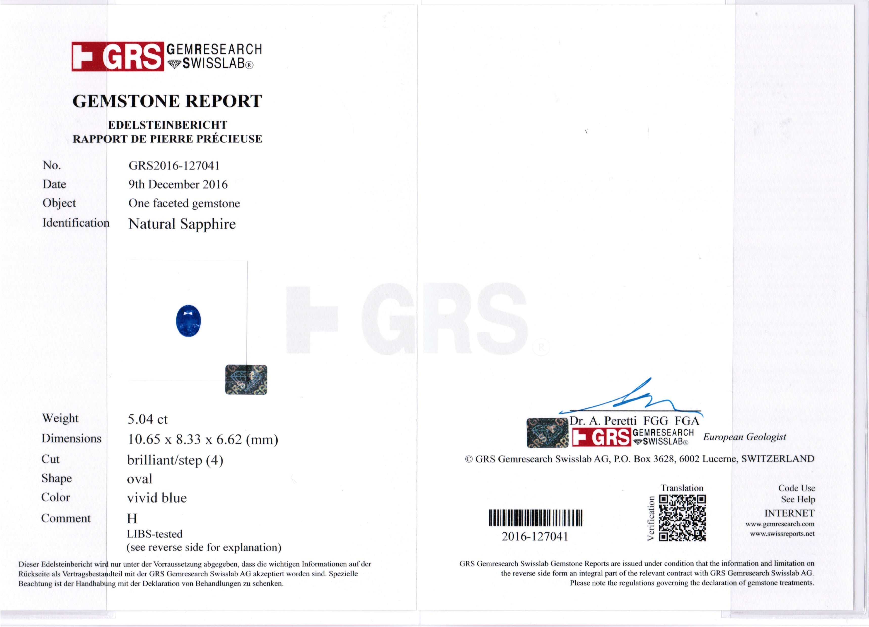 5.04ct Vivid Blue, Oval Sapphire - 10.65 x 8.33 x 6.62mm