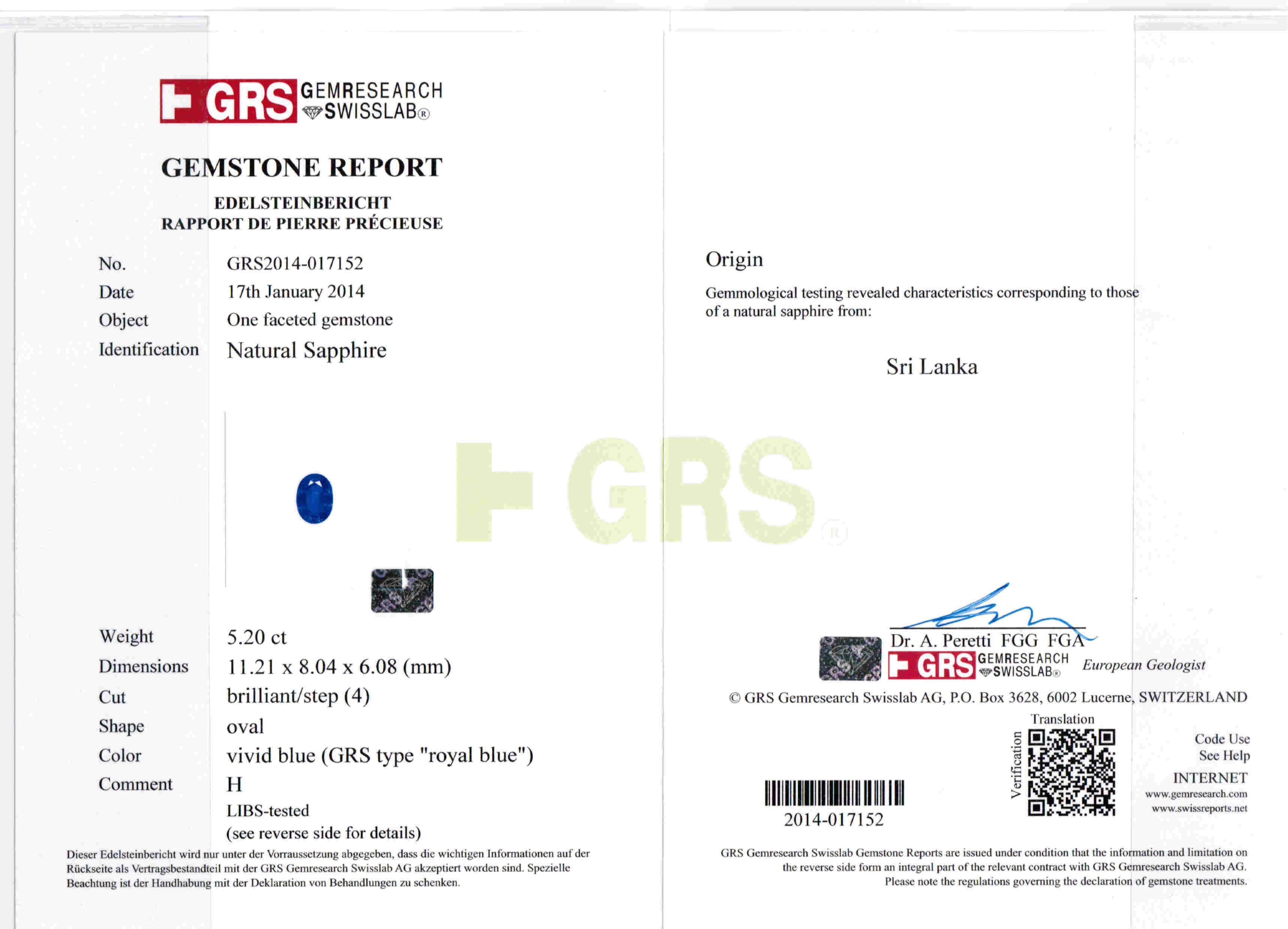 5.20ct Vivid, Royal Blue, Oval Sapphire, Sri Lanka - 11.21 x 8.04 x 6.08mm