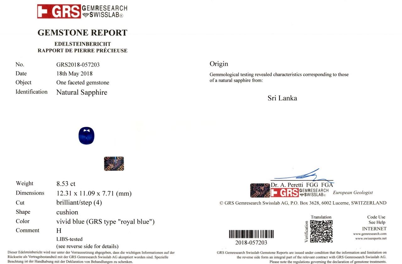 8.53ct Vivid, Royal Blue, Cushion Sapphire, Sri Lanka - 12.31 x 11.09 x 7.71mm