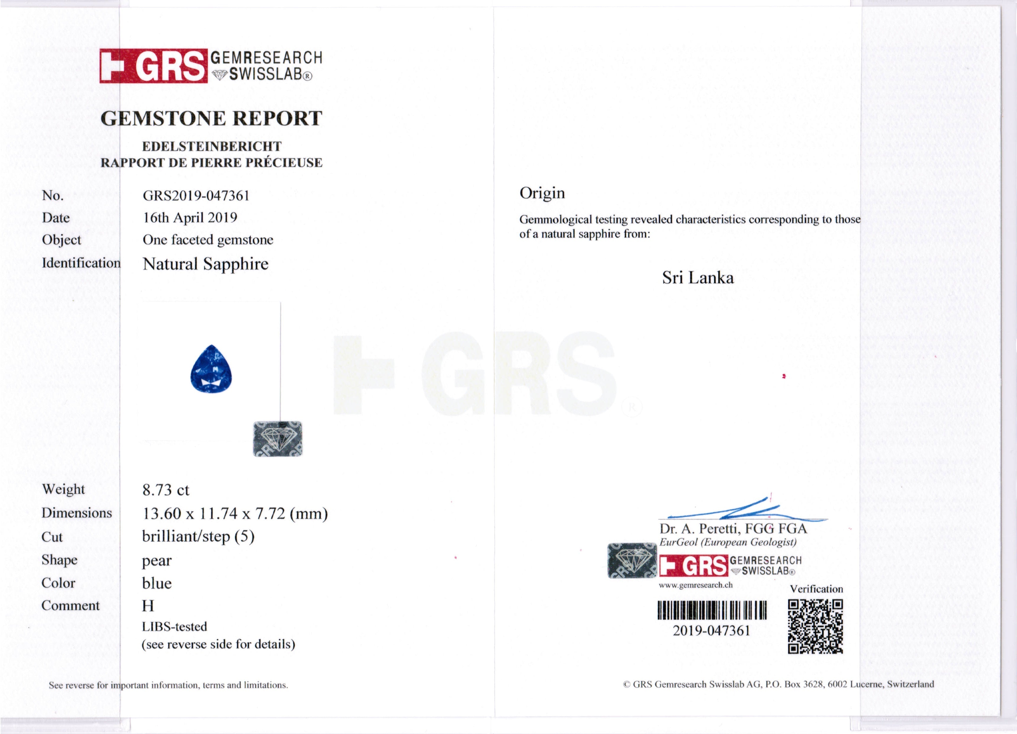 8.73ct Pear Shape Sapphire, Sri Lanka - 13.60 x 11.74 x 7.72mm