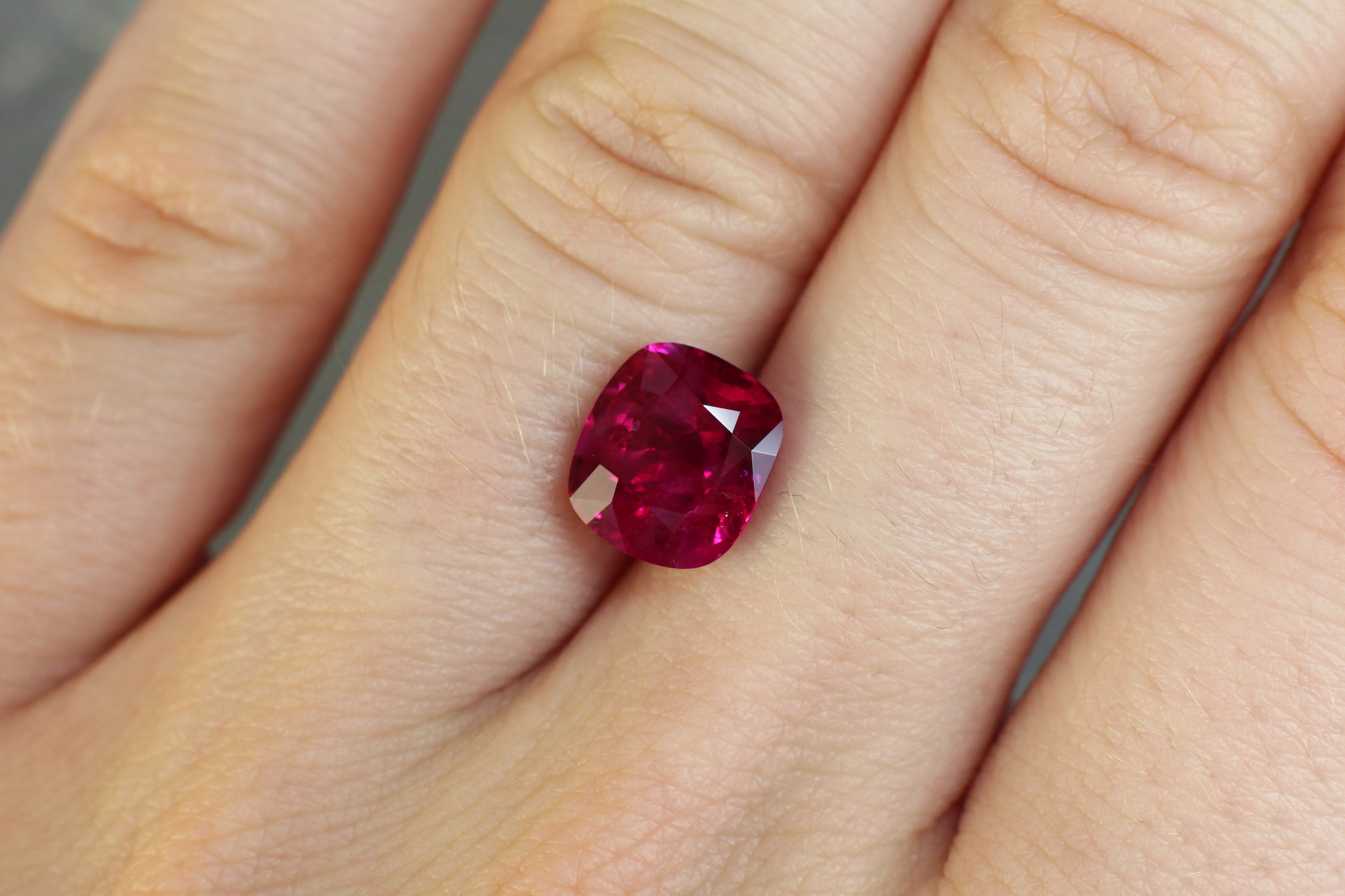 3.34ct Vivid, Pigeon's Blood Red, Cushion Ruby, No Heat, Myanmar - 9.04 x 7.96 x 5.34mm